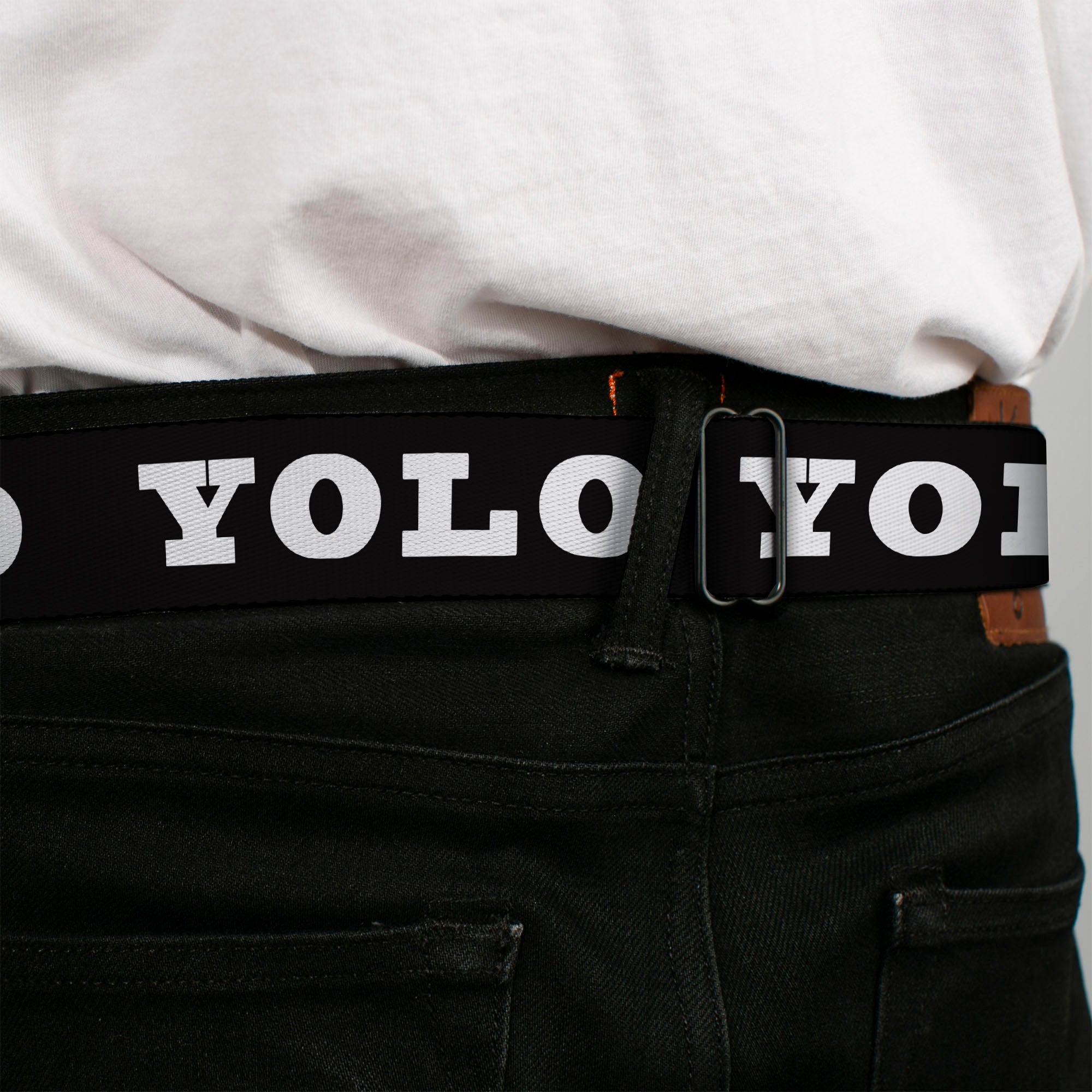 BD Wings Logo CLOSE-UP Full Color Black Silver Seatbelt Belt - YOLO Bold Black/White Webbing Seatbelt Belts Buckle-Down