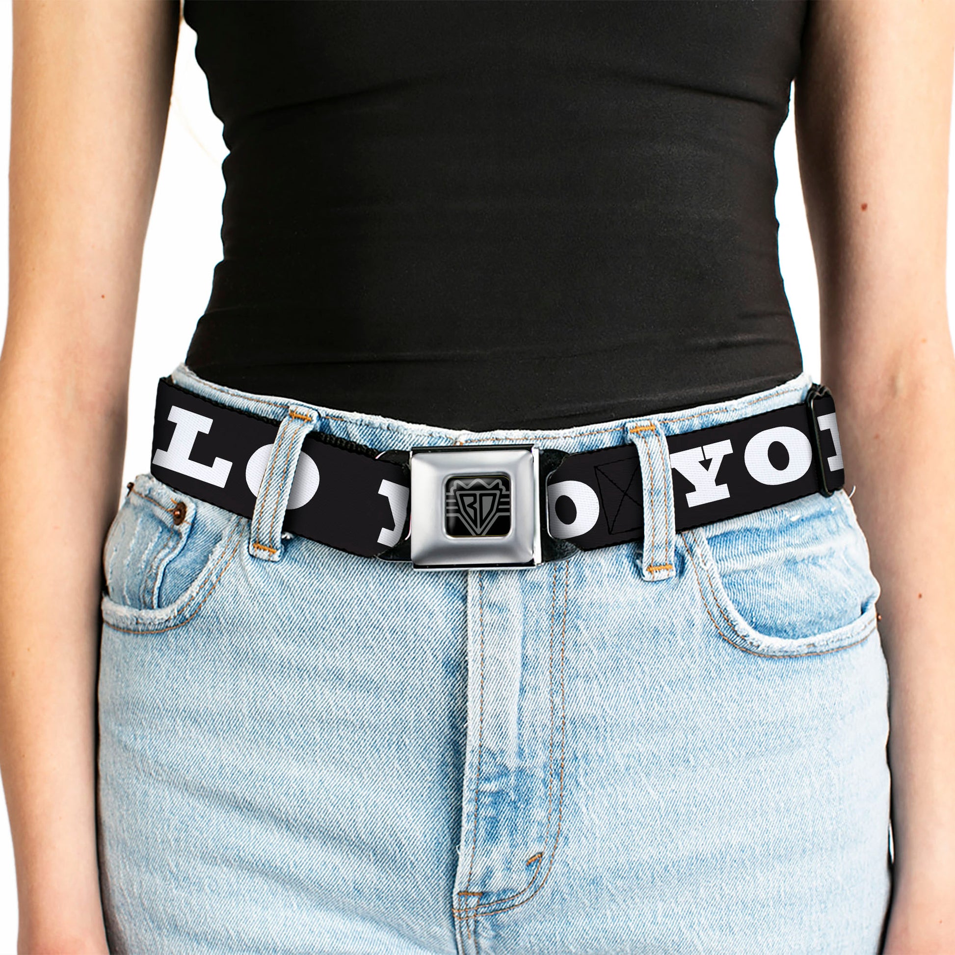 BD Wings Logo CLOSE-UP Full Color Black Silver Seatbelt Belt - YOLO Bold Black/White Webbing Seatbelt Belts Buckle-Down