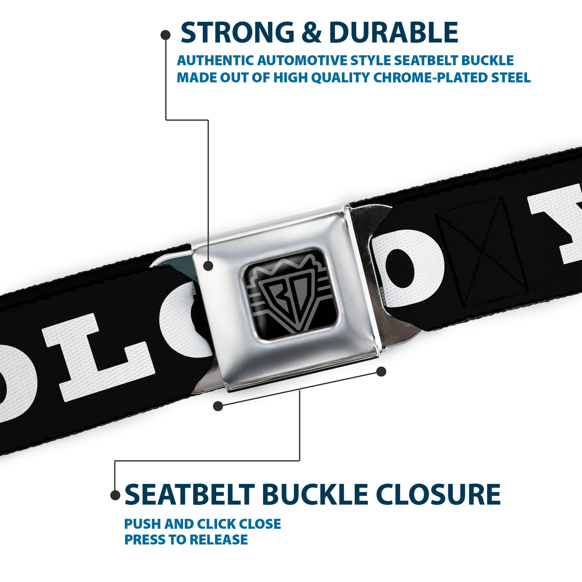 BD Wings Logo CLOSE-UP Full Color Black Silver Seatbelt Belt - YOLO Bold Black/White Webbing Seatbelt Belts Buckle-Down