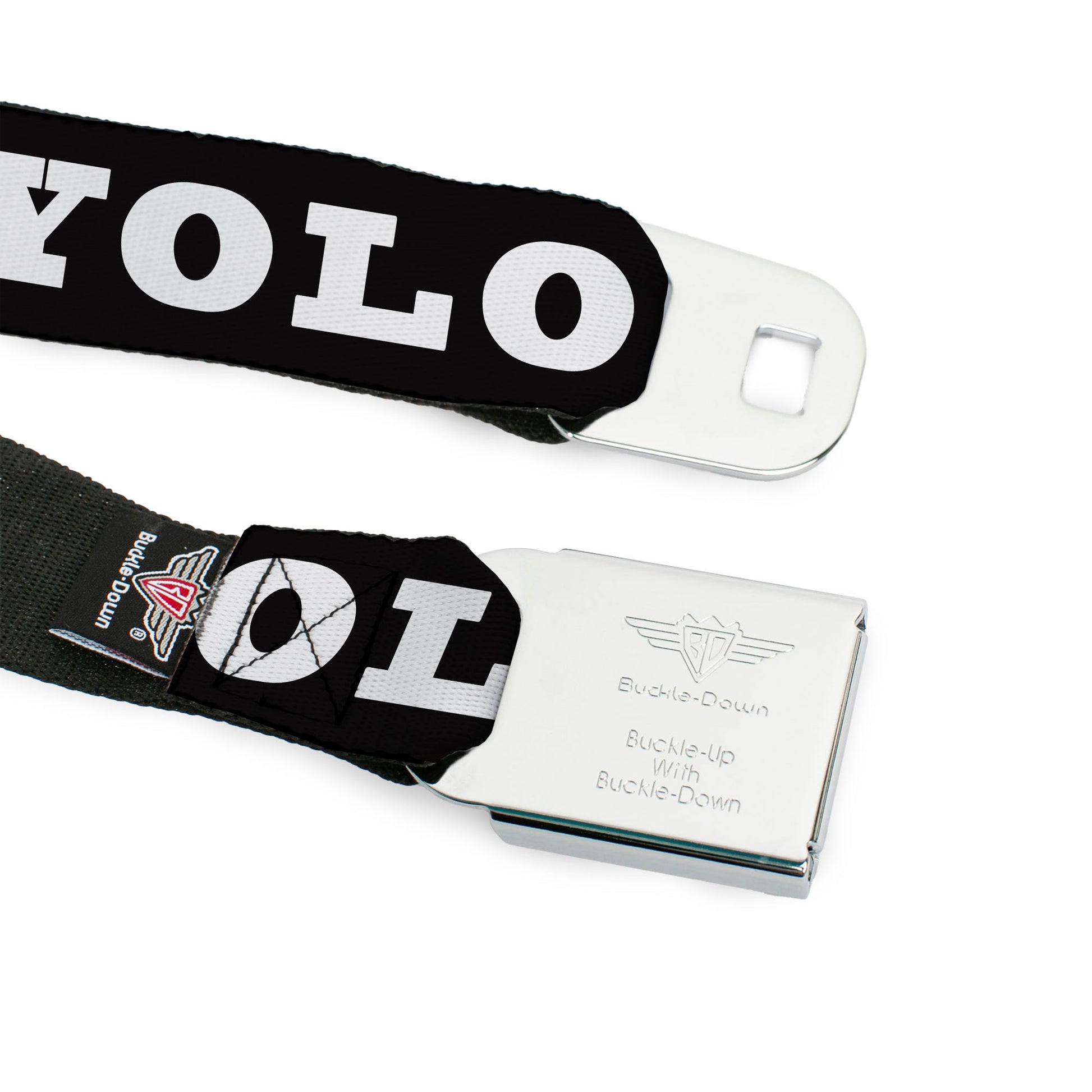 BD Wings Logo CLOSE-UP Full Color Black Silver Seatbelt Belt - YOLO Bold Black/White Webbing Seatbelt Belts Buckle-Down