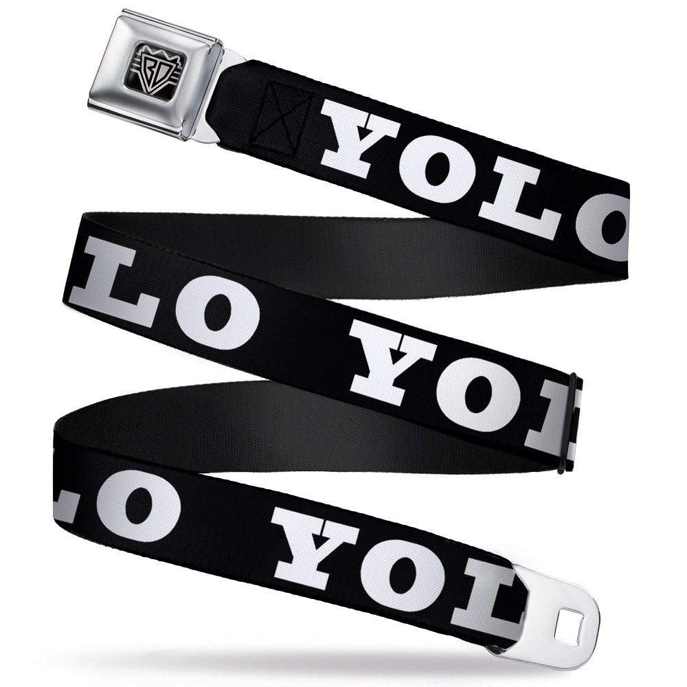 BD Wings Logo CLOSE-UP Full Color Black Silver Seatbelt Belt - YOLO Bold Black/White Webbing Seatbelt Belts Buckle-Down