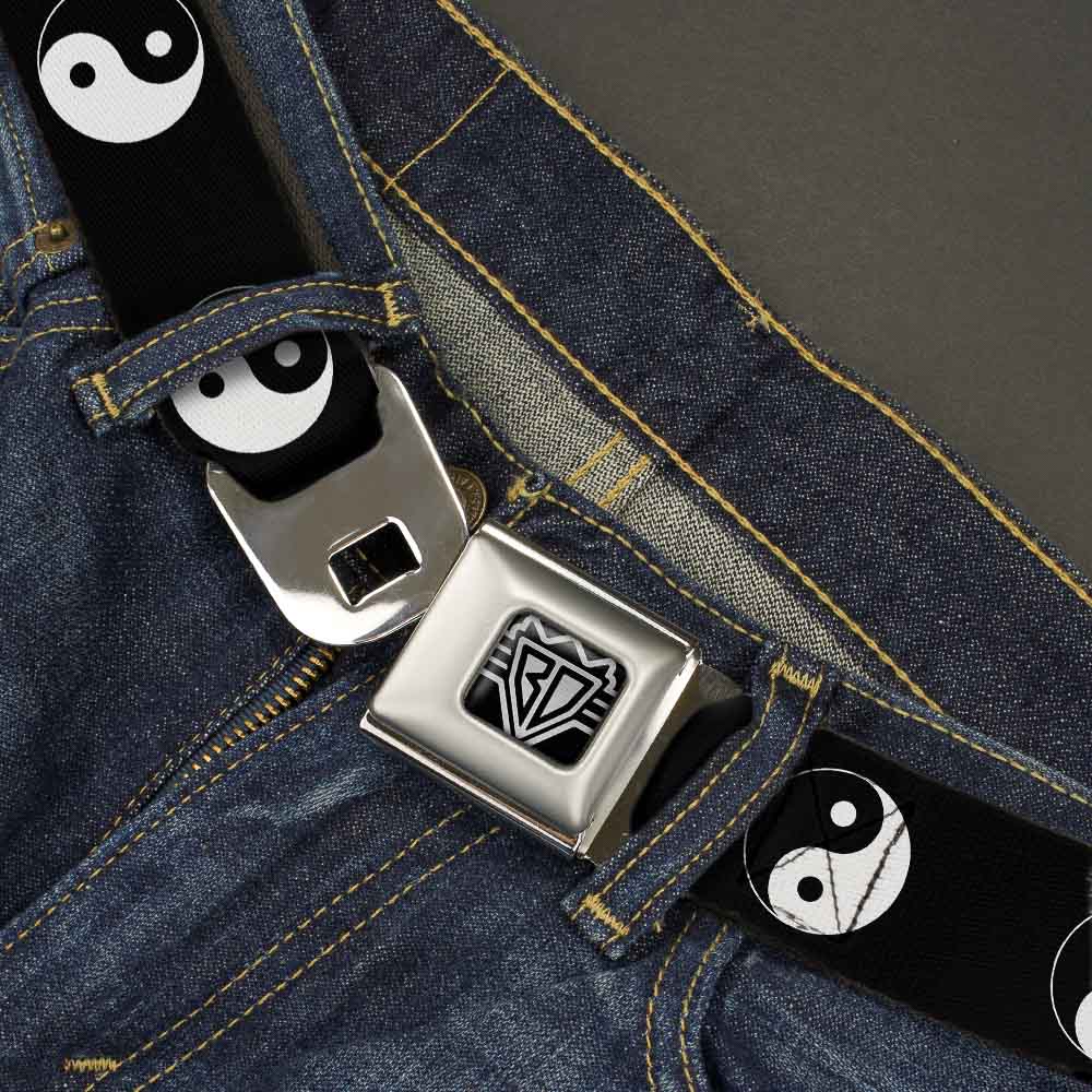 BD Wings Logo CLOSE-UP Full Color Black Silver Seatbelt Belt - Yin Yang Symbol Black/White Webbing Seatbelt Belts Buckle-Down