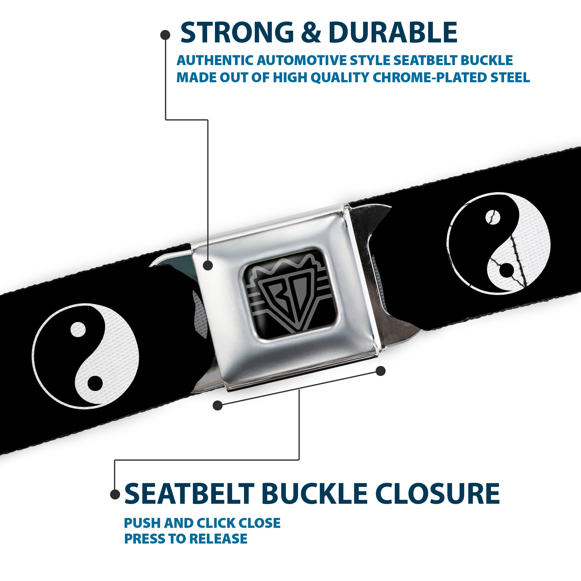 BD Wings Logo CLOSE-UP Full Color Black Silver Seatbelt Belt - Yin Yang Symbol Black/White Webbing Seatbelt Belts Buckle-Down
