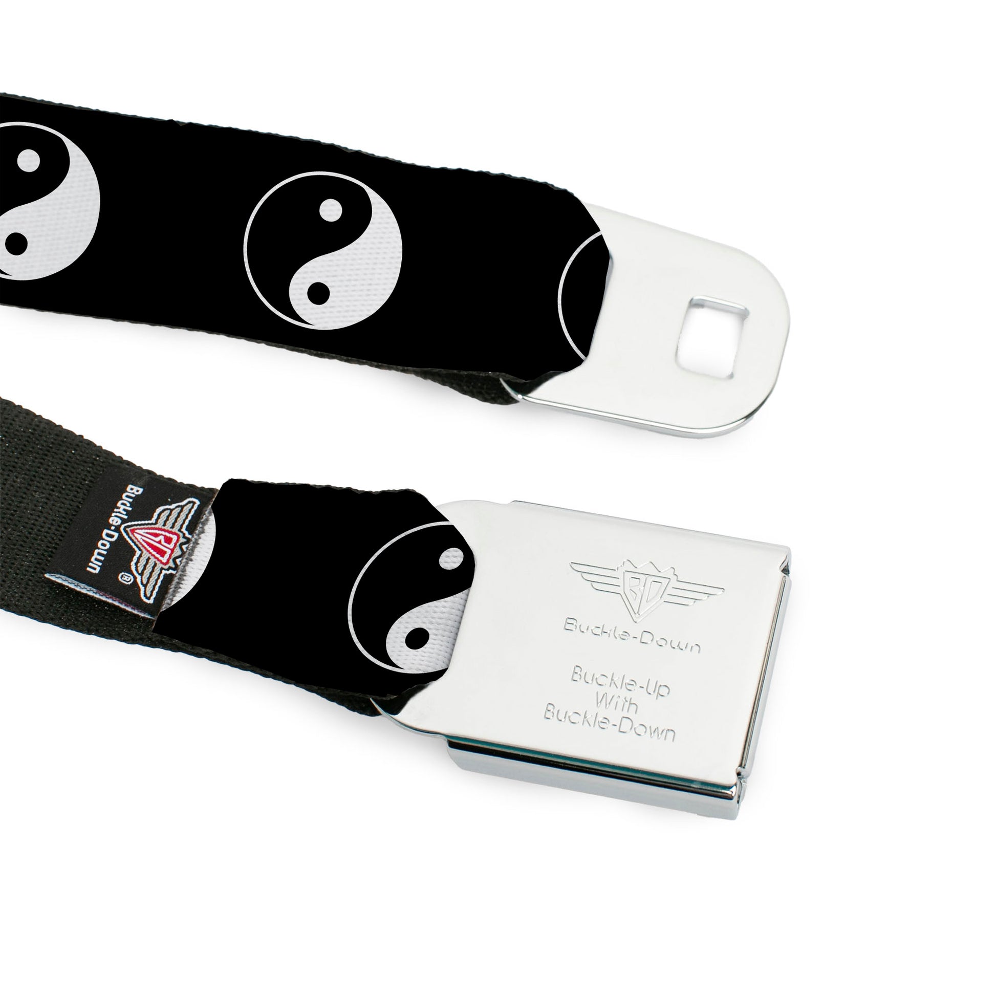 BD Wings Logo CLOSE-UP Full Color Black Silver Seatbelt Belt - Yin Yang Symbol Black/White Webbing Seatbelt Belts Buckle-Down