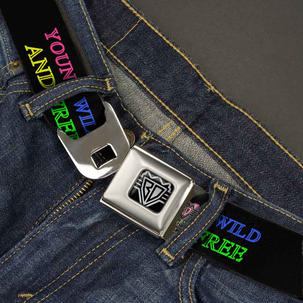 BD Wings Logo CLOSE-UP Full Color Black Silver Seatbelt Belt - YOUNG WILD AND FREE Outline Black/Multi Neon Webbing Seatbelt Belts Buckle-Down
