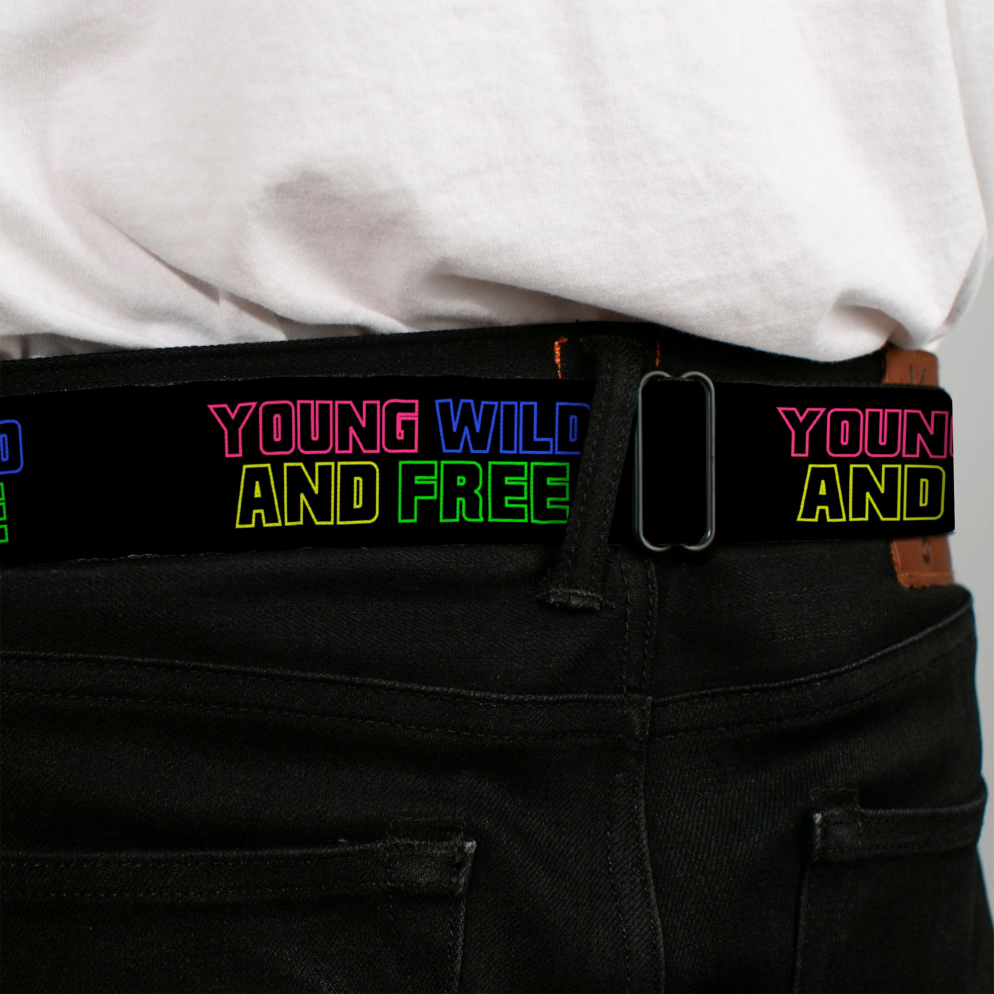 BD Wings Logo CLOSE-UP Full Color Black Silver Seatbelt Belt - YOUNG WILD AND FREE Outline Black/Multi Neon Webbing Seatbelt Belts Buckle-Down