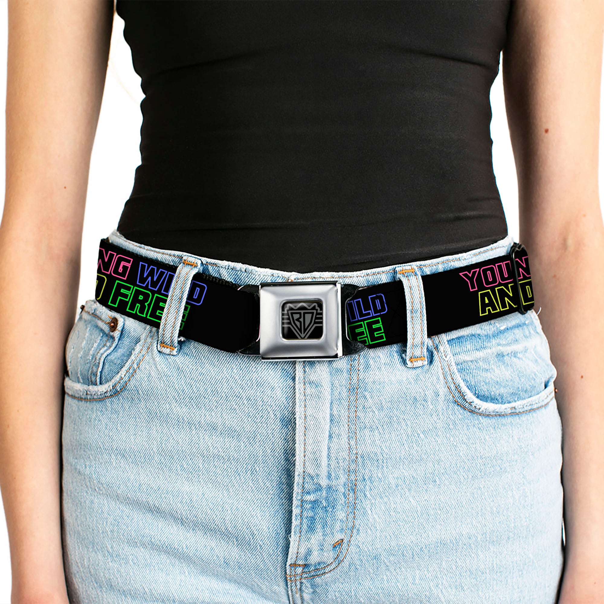 BD Wings Logo CLOSE-UP Full Color Black Silver Seatbelt Belt - YOUNG WILD AND FREE Outline Black/Multi Neon Webbing Seatbelt Belts Buckle-Down