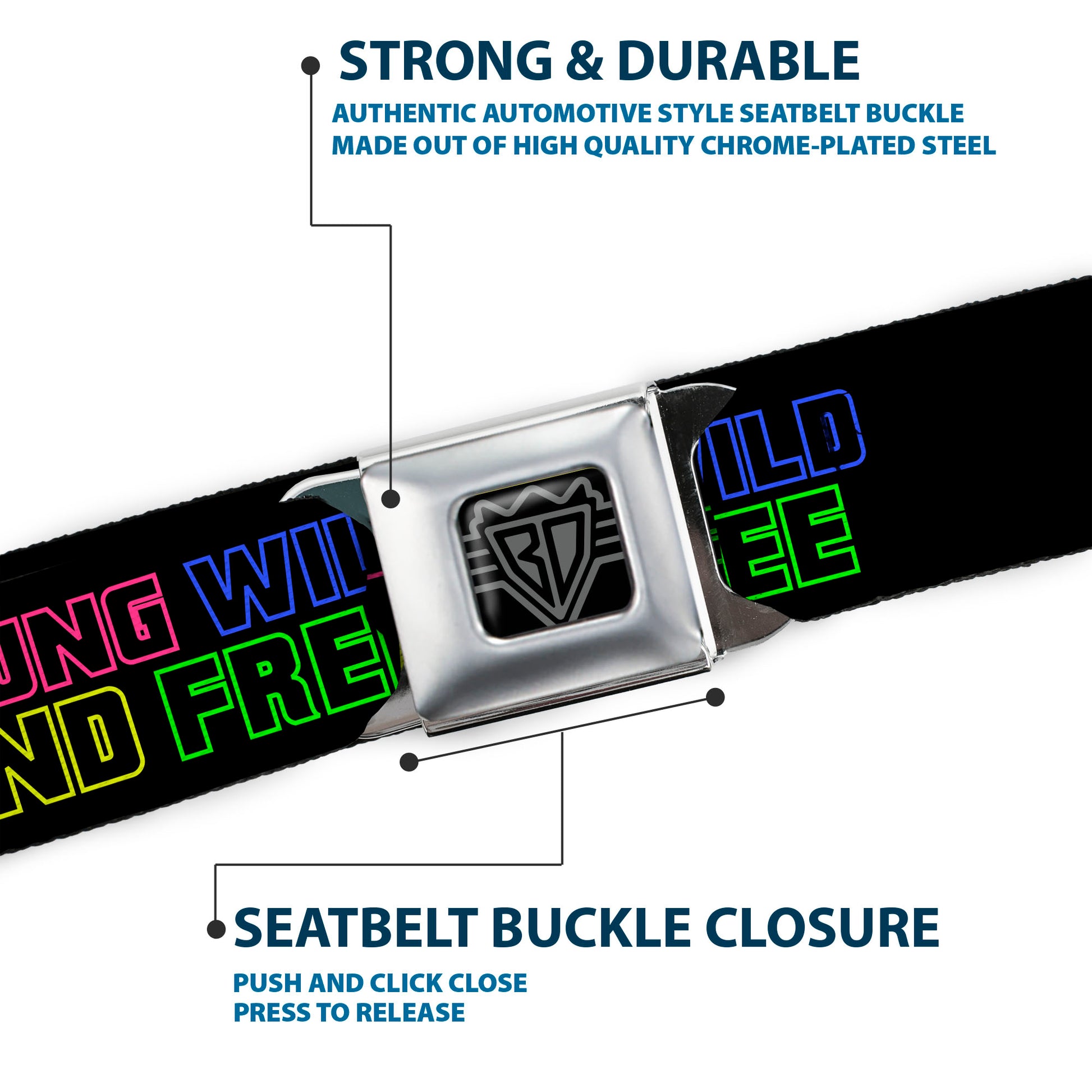 BD Wings Logo CLOSE-UP Full Color Black Silver Seatbelt Belt - YOUNG WILD AND FREE Outline Black/Multi Neon Webbing Seatbelt Belts Buckle-Down
