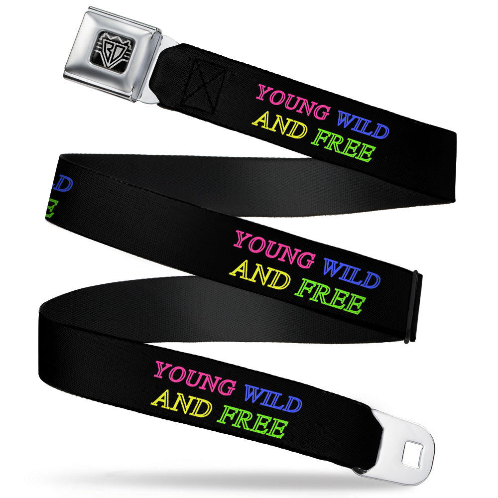 BD Wings Logo CLOSE-UP Full Color Black Silver Seatbelt Belt - YOUNG WILD AND FREE Outline Black/Multi Neon Webbing Seatbelt Belts Buckle-Down