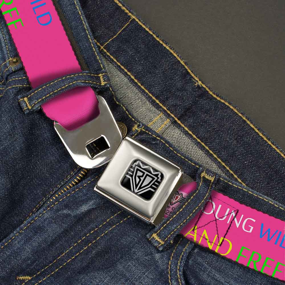 BD Wings Logo CLOSE-UP Full Color Black Silver Seatbelt Belt - YOUNG WILD AND FREE Pink/White/Blue/Yellow/Green Webbing Seatbelt Belts Buckle-Down
