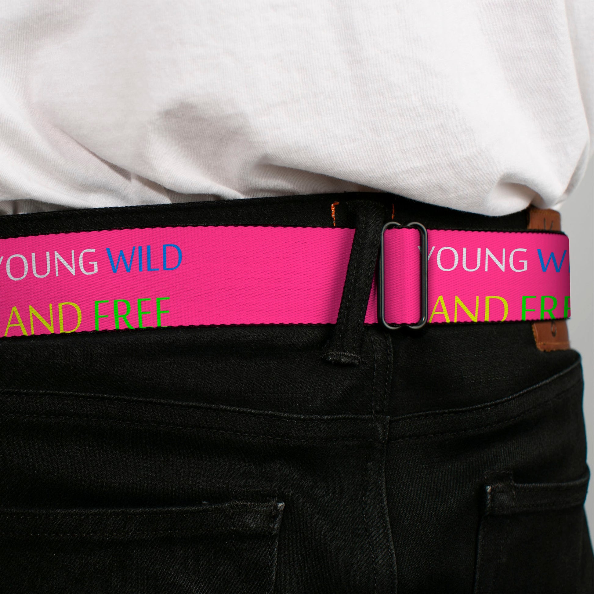 BD Wings Logo CLOSE-UP Full Color Black Silver Seatbelt Belt - YOUNG WILD AND FREE Pink/White/Blue/Yellow/Green Webbing Seatbelt Belts Buckle-Down