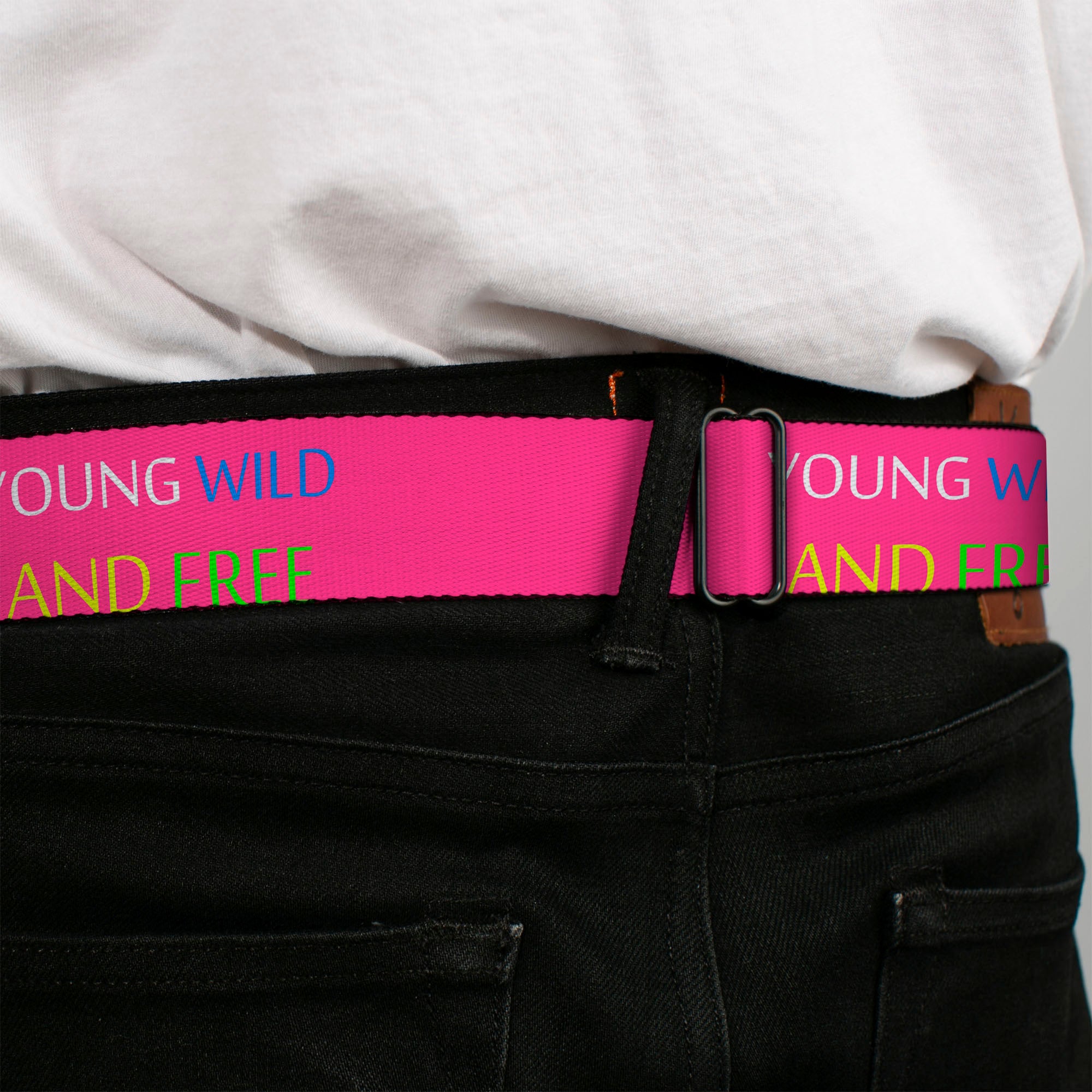 BD Wings Logo CLOSE-UP Full Color Black Silver Seatbelt Belt - YOUNG WILD AND FREE Pink/White/Blue/Yellow/Green Webbing Seatbelt Belts Buckle-Down