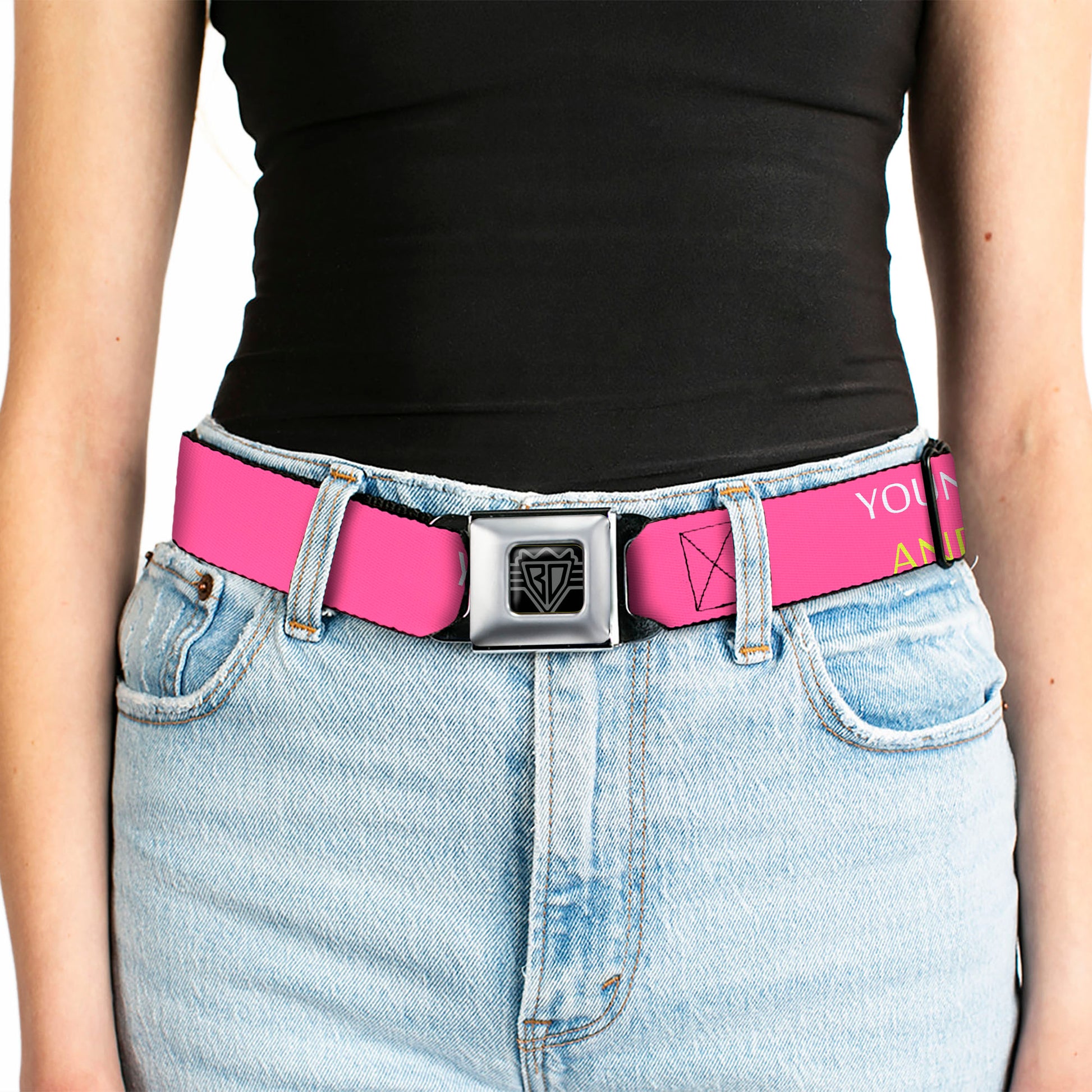 BD Wings Logo CLOSE-UP Full Color Black Silver Seatbelt Belt - YOUNG WILD AND FREE Pink/White/Blue/Yellow/Green Webbing Seatbelt Belts Buckle-Down