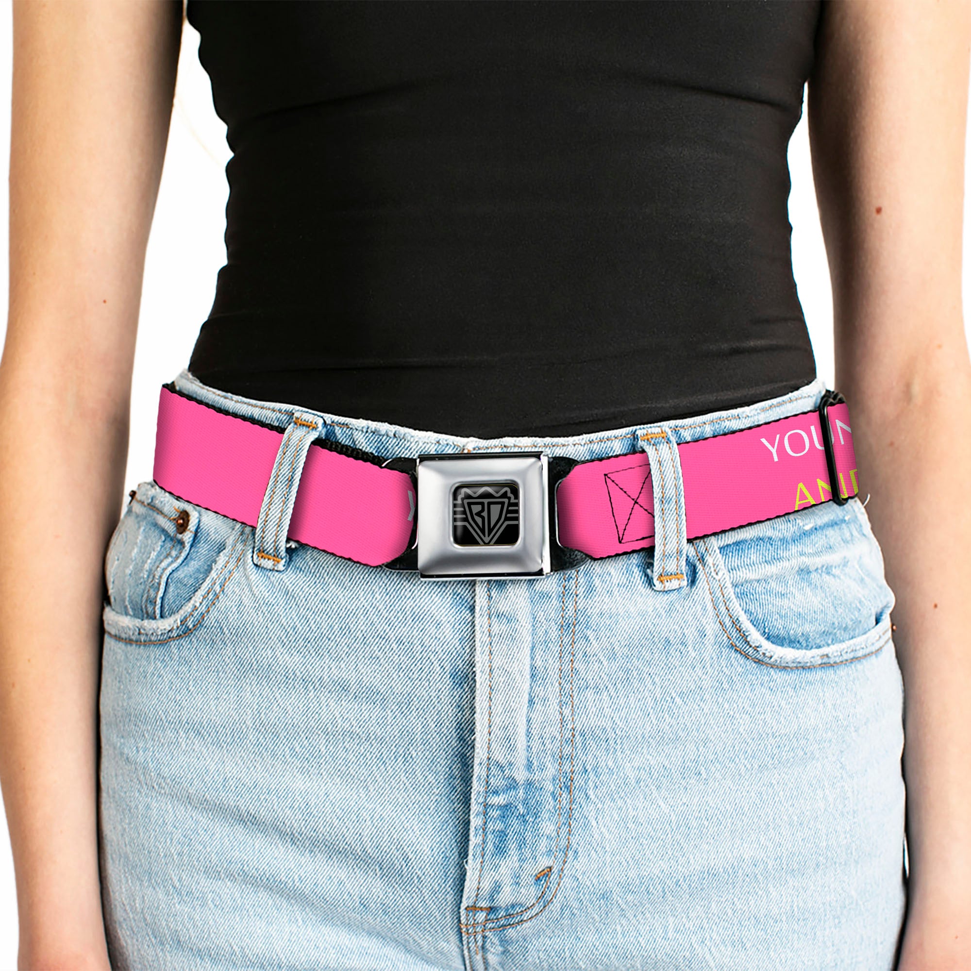 BD Wings Logo CLOSE-UP Full Color Black Silver Seatbelt Belt - YOUNG WILD AND FREE Pink/White/Blue/Yellow/Green Webbing Seatbelt Belts Buckle-Down