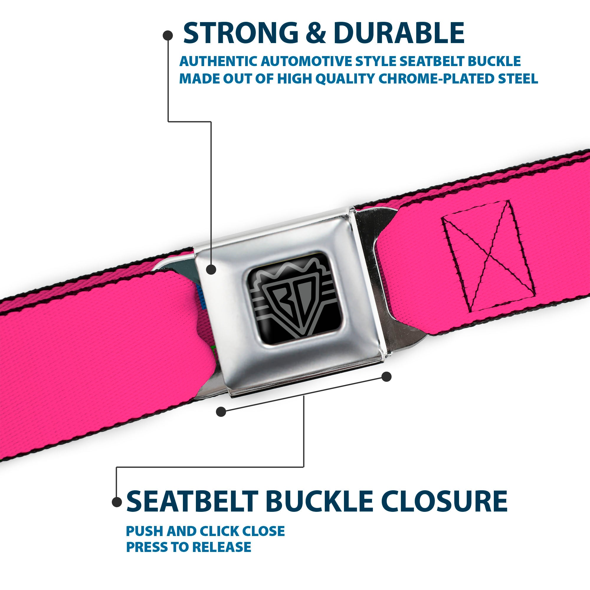 BD Wings Logo CLOSE-UP Full Color Black Silver Seatbelt Belt - YOUNG WILD AND FREE Pink/White/Blue/Yellow/Green Webbing Seatbelt Belts Buckle-Down