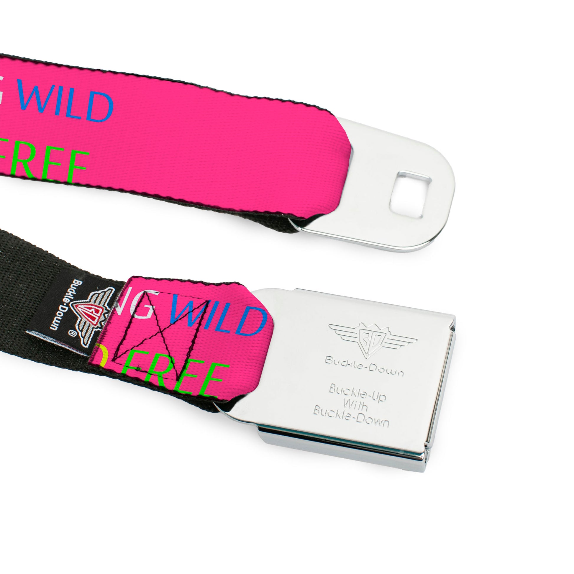 BD Wings Logo CLOSE-UP Full Color Black Silver Seatbelt Belt - YOUNG WILD AND FREE Pink/White/Blue/Yellow/Green Webbing Seatbelt Belts Buckle-Down