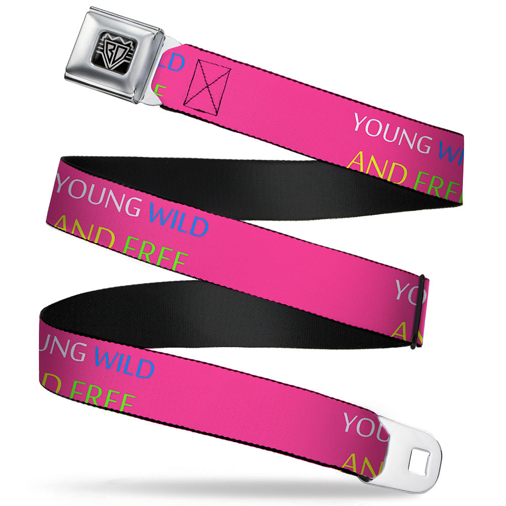 BD Wings Logo CLOSE-UP Full Color Black Silver Seatbelt Belt - YOUNG WILD AND FREE Pink/White/Blue/Yellow/Green Webbing Seatbelt Belts Buckle-Down