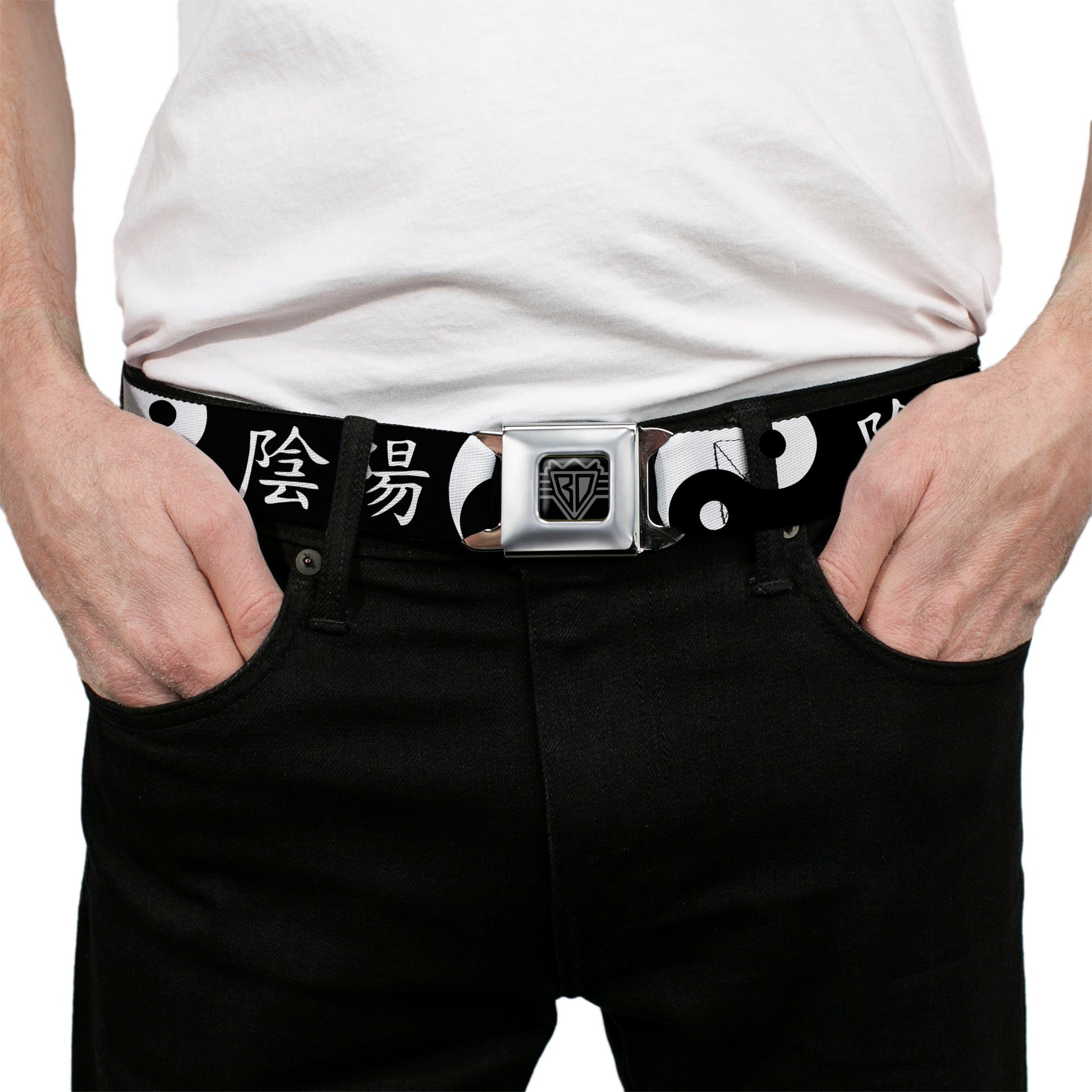 BD Wings Logo CLOSE-UP Full Color Black Silver Seatbelt Belt - Yin Yang Symbol CLOSE-UP/Characters Black/White Webbing Seatbelt Belts Buckle-Down