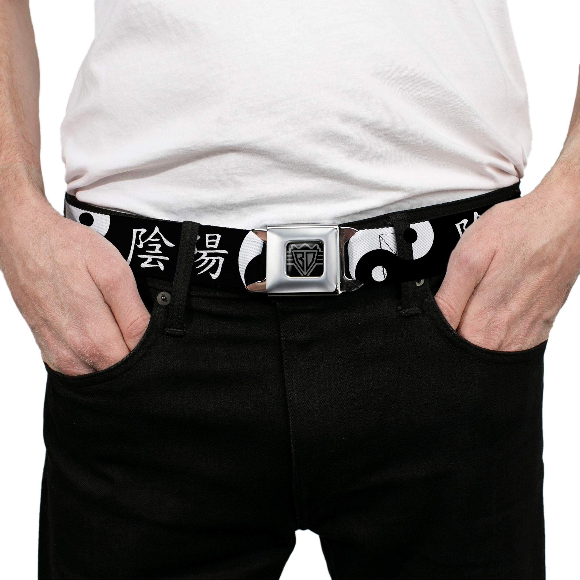 BD Wings Logo CLOSE-UP Full Color Black Silver Seatbelt Belt - Yin Yang Symbol CLOSE-UP/Characters Black/White Webbing Seatbelt Belts Buckle-Down