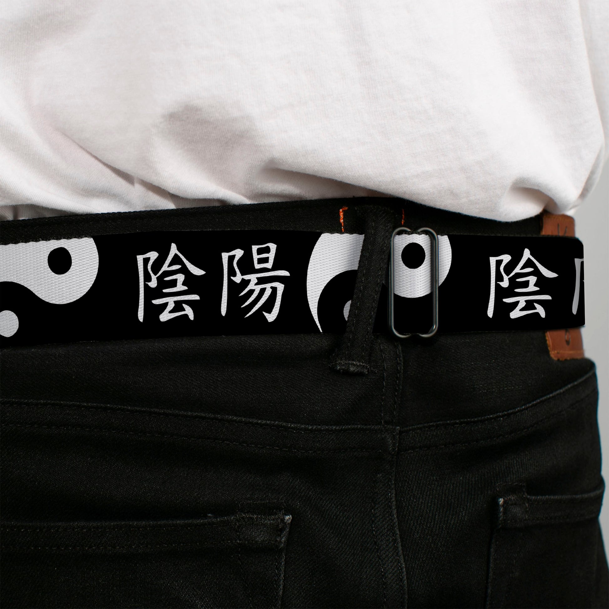 BD Wings Logo CLOSE-UP Full Color Black Silver Seatbelt Belt - Yin Yang Symbol CLOSE-UP/Characters Black/White Webbing Seatbelt Belts Buckle-Down