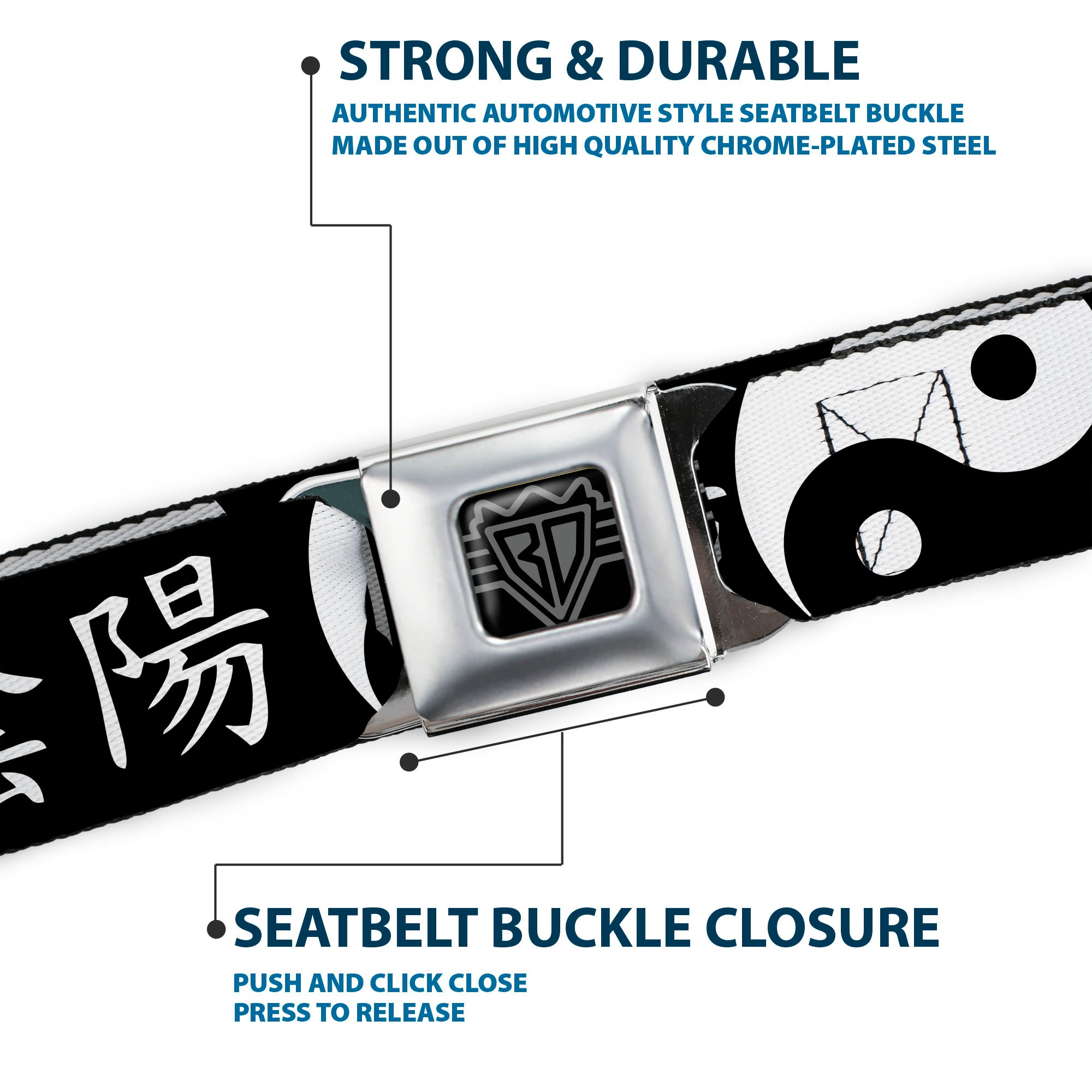 BD Wings Logo CLOSE-UP Full Color Black Silver Seatbelt Belt - Yin Yang Symbol CLOSE-UP/Characters Black/White Webbing Seatbelt Belts Buckle-Down