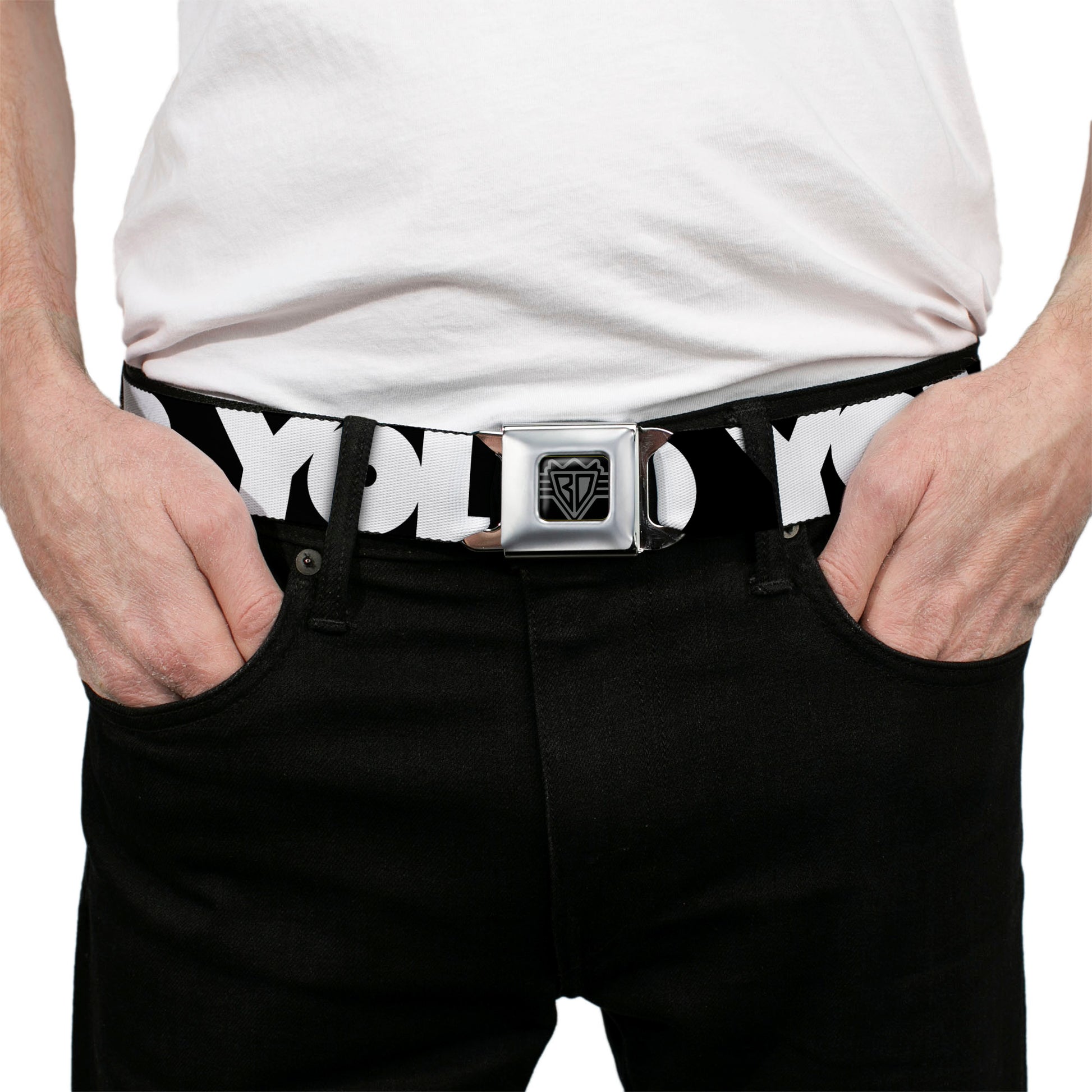 BD Wings Logo CLOSE-UP Full Color Black Silver Seatbelt Belt - YOU'VE GOT A FRIEND Pennsylvania State Silhouette Blue/Gold Webbing Seatbelt Belts Buckle-Down