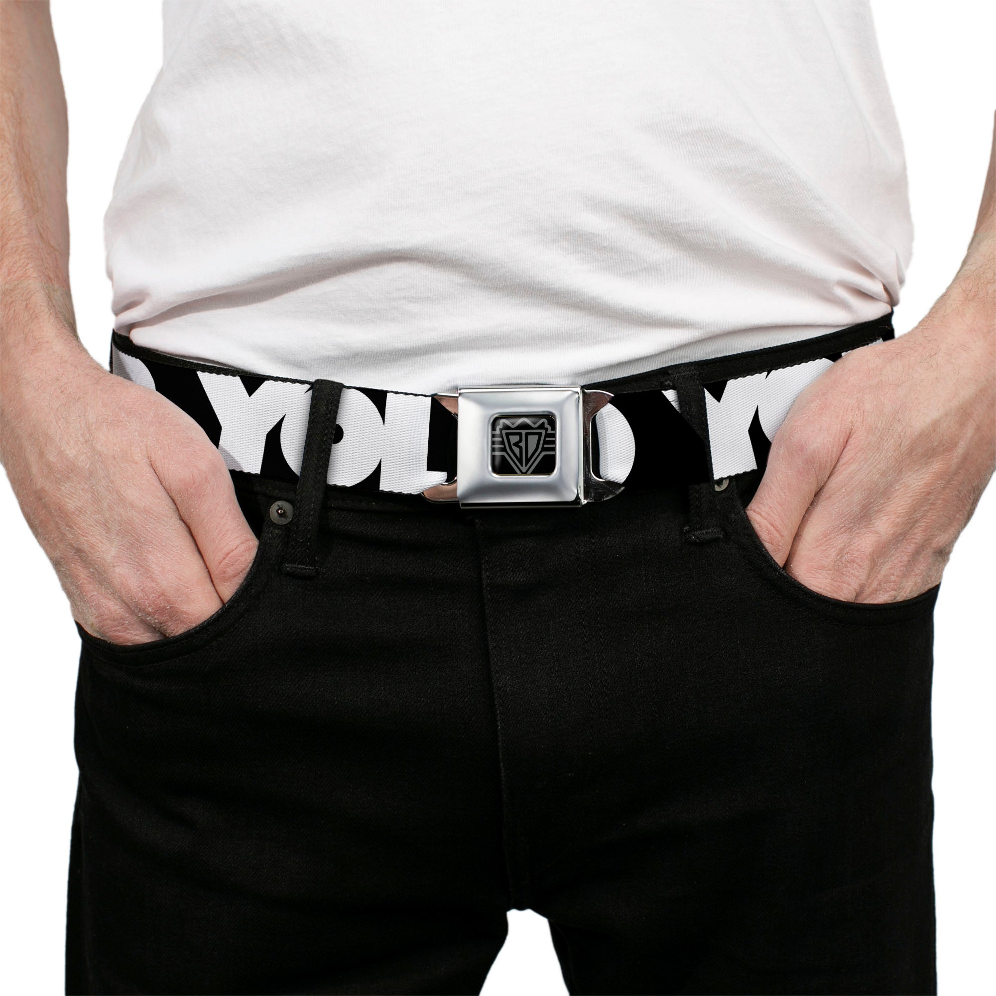 BD Wings Logo CLOSE-UP Full Color Black Silver Seatbelt Belt - YOU'VE GOT A FRIEND Pennsylvania State Silhouette Blue/Gold Webbing Seatbelt Belts Buckle-Down