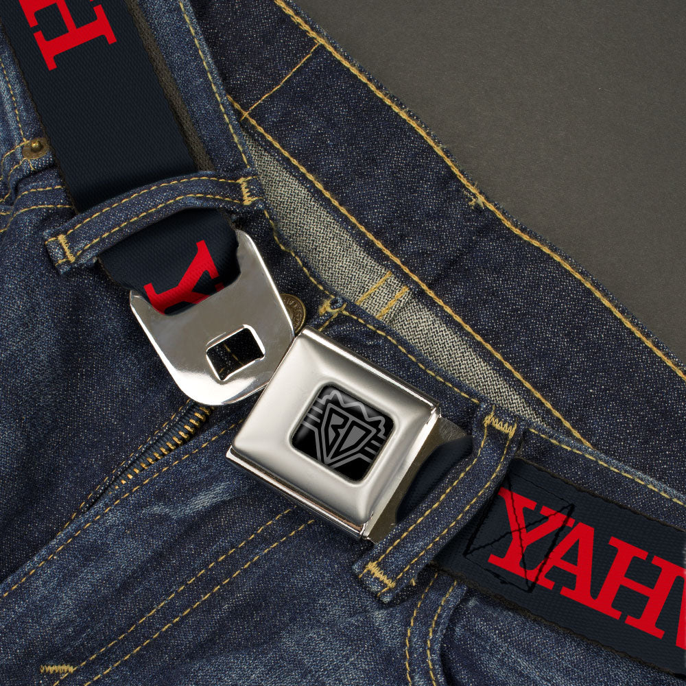 BD Wings Logo CLOSE-UP Black/Silver Seatbelt Belt - YAHWEH Text Navy Blue/Red Webbing Seatbelt Belts Buckle-Down