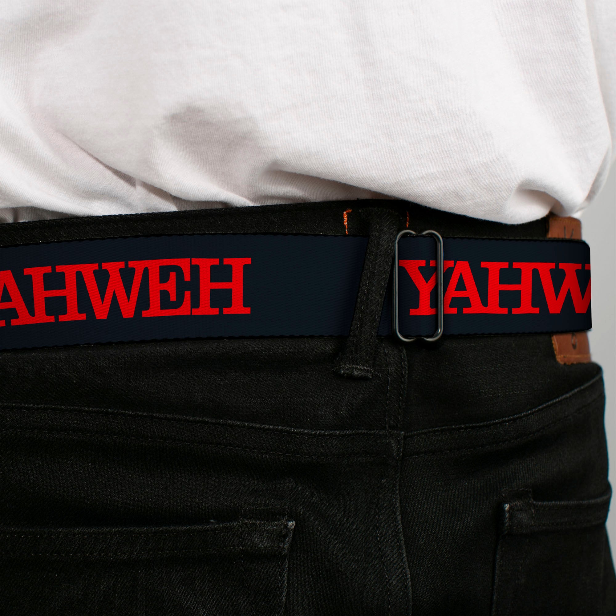 BD Wings Logo CLOSE-UP Black/Silver Seatbelt Belt - YAHWEH Text Navy Blue/Red Webbing Seatbelt Belts Buckle-Down