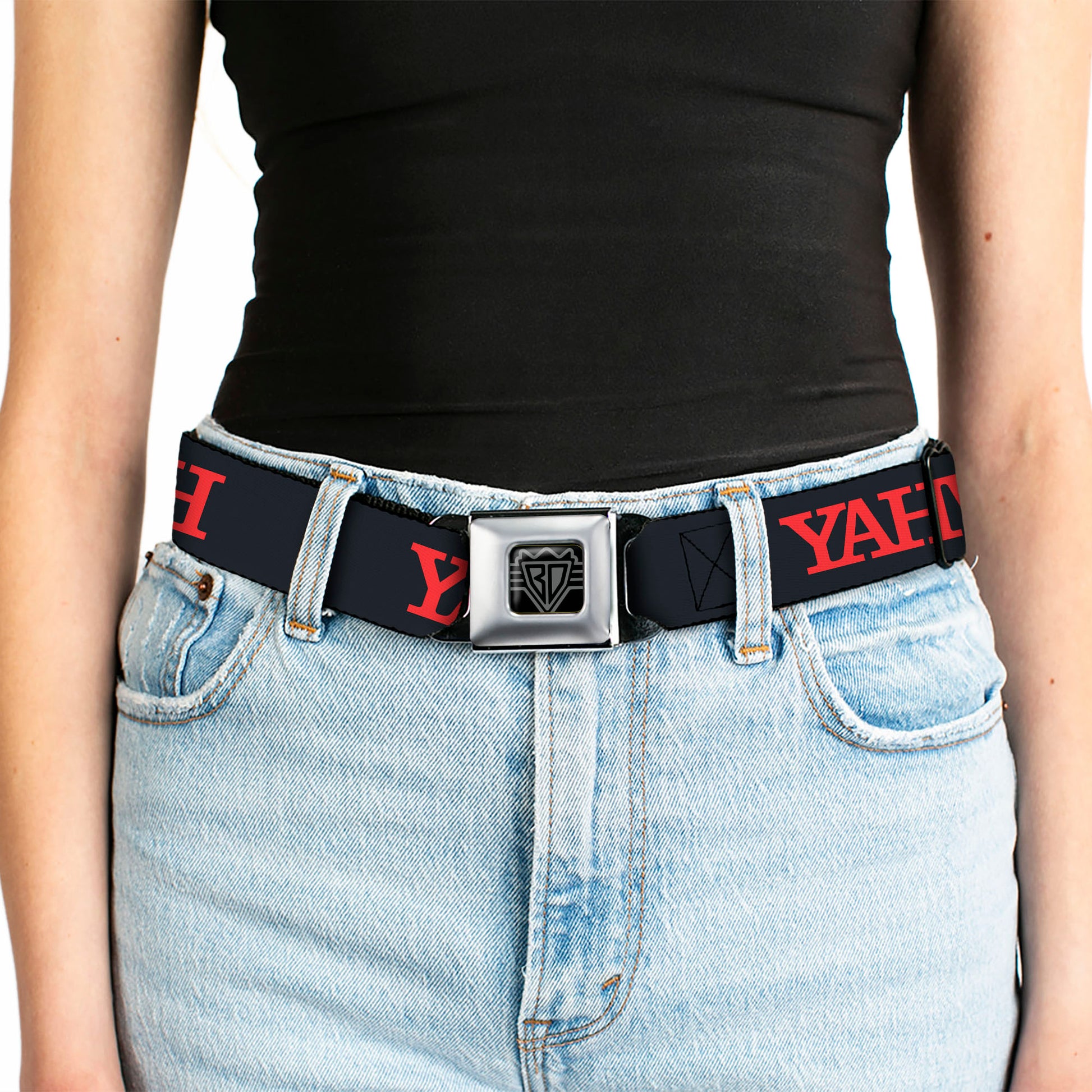 BD Wings Logo CLOSE-UP Black/Silver Seatbelt Belt - YAHWEH Text Navy Blue/Red Webbing Seatbelt Belts Buckle-Down