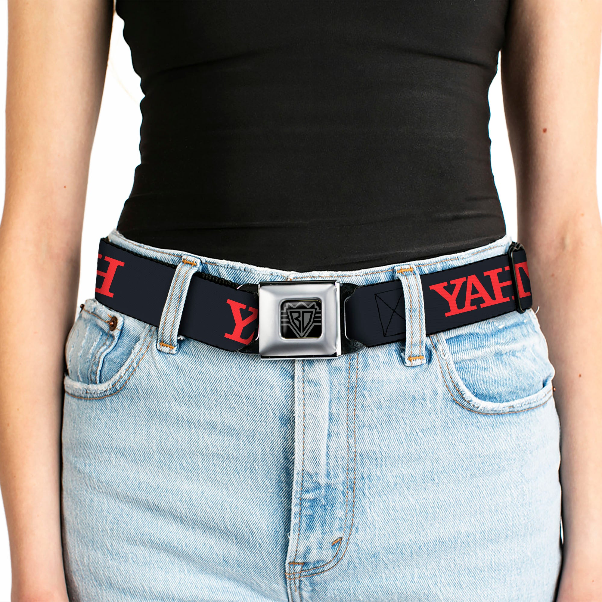 BD Wings Logo CLOSE-UP Black/Silver Seatbelt Belt - YAHWEH Text Navy Blue/Red Webbing Seatbelt Belts Buckle-Down