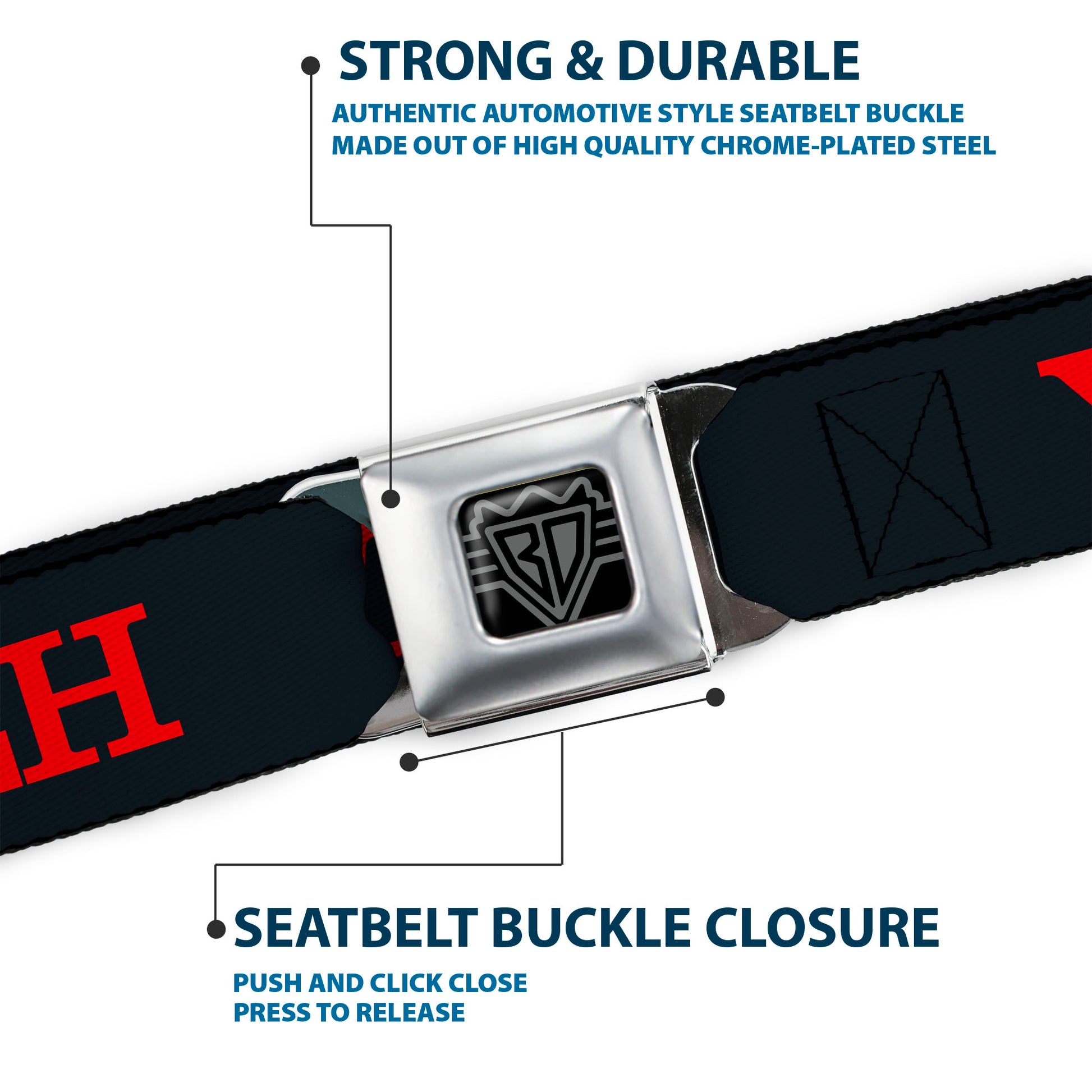 BD Wings Logo CLOSE-UP Black/Silver Seatbelt Belt - YAHWEH Text Navy Blue/Red Webbing Seatbelt Belts Buckle-Down