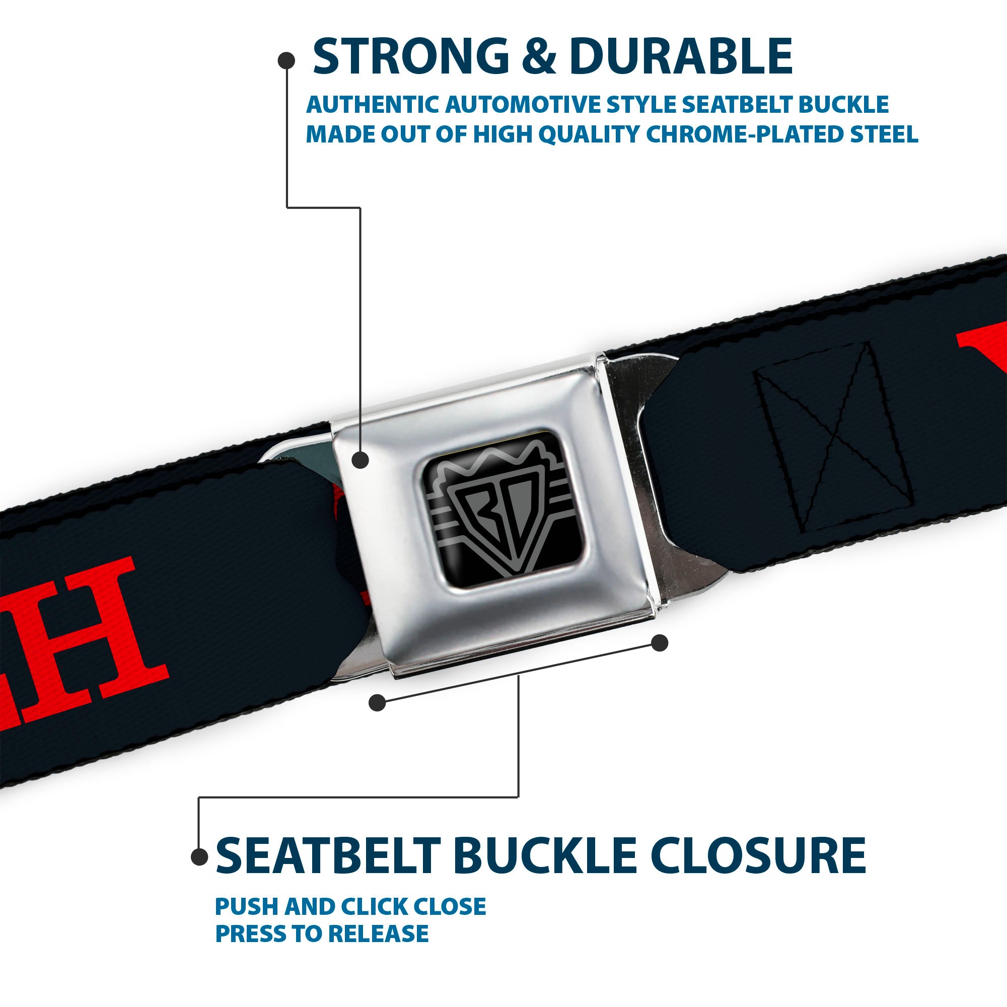 BD Wings Logo CLOSE-UP Black/Silver Seatbelt Belt - YAHWEH Text Navy Blue/Red Webbing Seatbelt Belts Buckle-Down