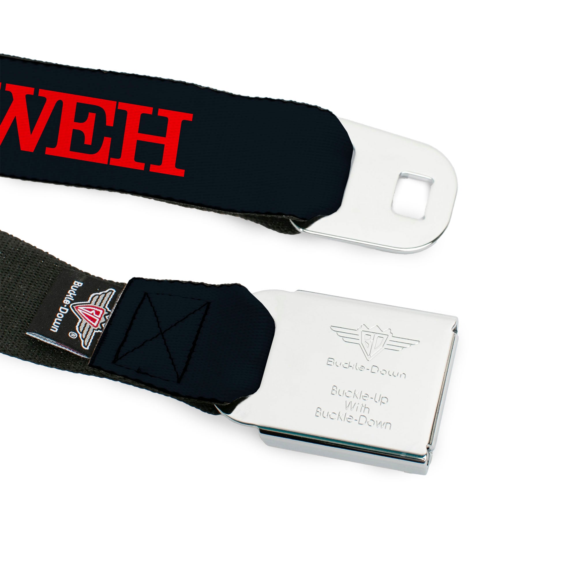 BD Wings Logo CLOSE-UP Black/Silver Seatbelt Belt - YAHWEH Text Navy Blue/Red Webbing Seatbelt Belts Buckle-Down