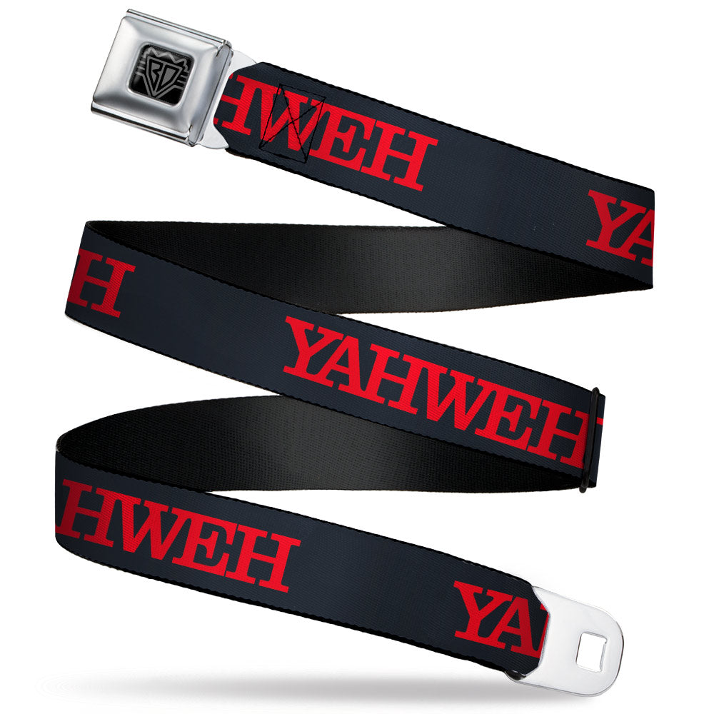 BD Wings Logo CLOSE-UP Black/Silver Seatbelt Belt - YAHWEH Text Navy Blue/Red Webbing Seatbelt Belts Buckle-Down