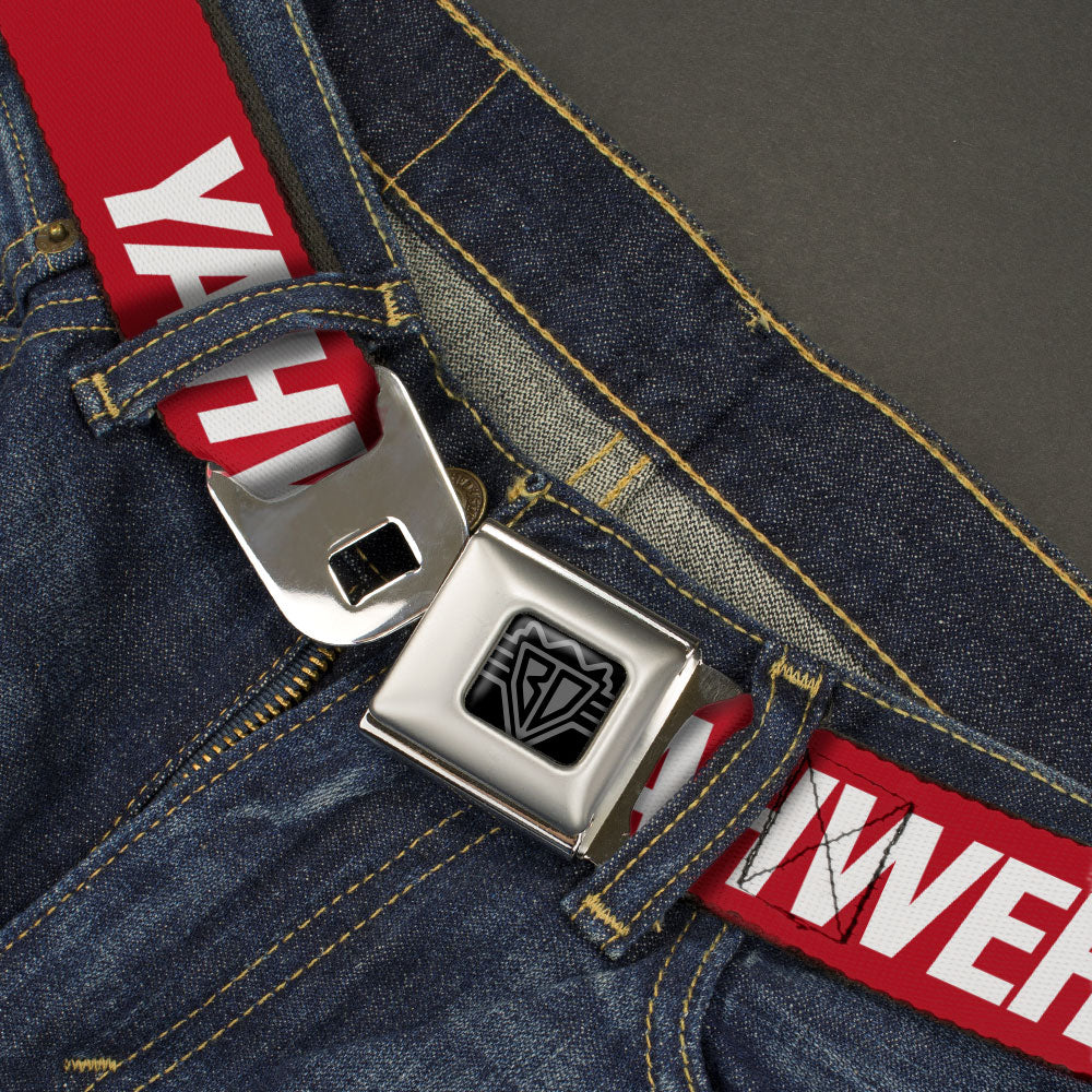 BD Wings Logo CLOSE-UP Black/Silver Seatbelt Belt - YAHWEH Text Red/White Webbing Seatbelt Belts Buckle-Down