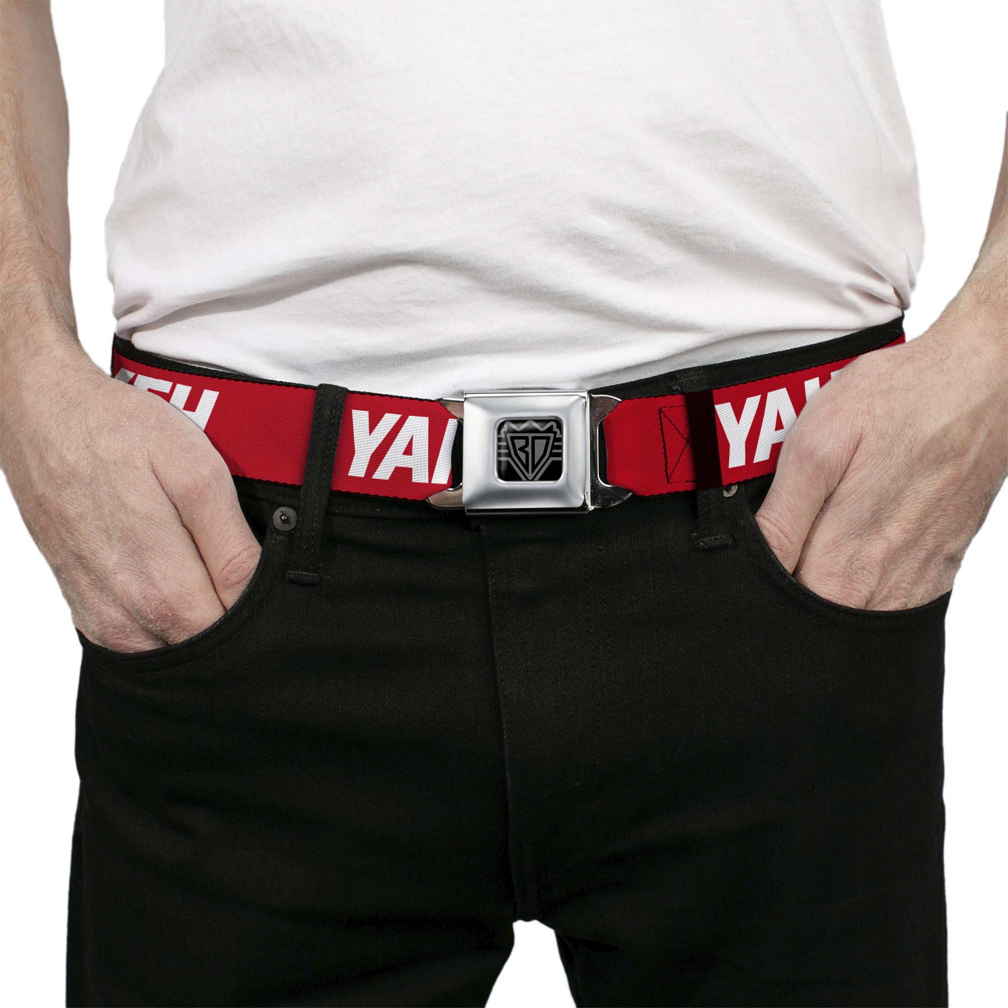 BD Wings Logo CLOSE-UP Black/Silver Seatbelt Belt - YAHWEH Text Red/White Webbing Seatbelt Belts Buckle-Down