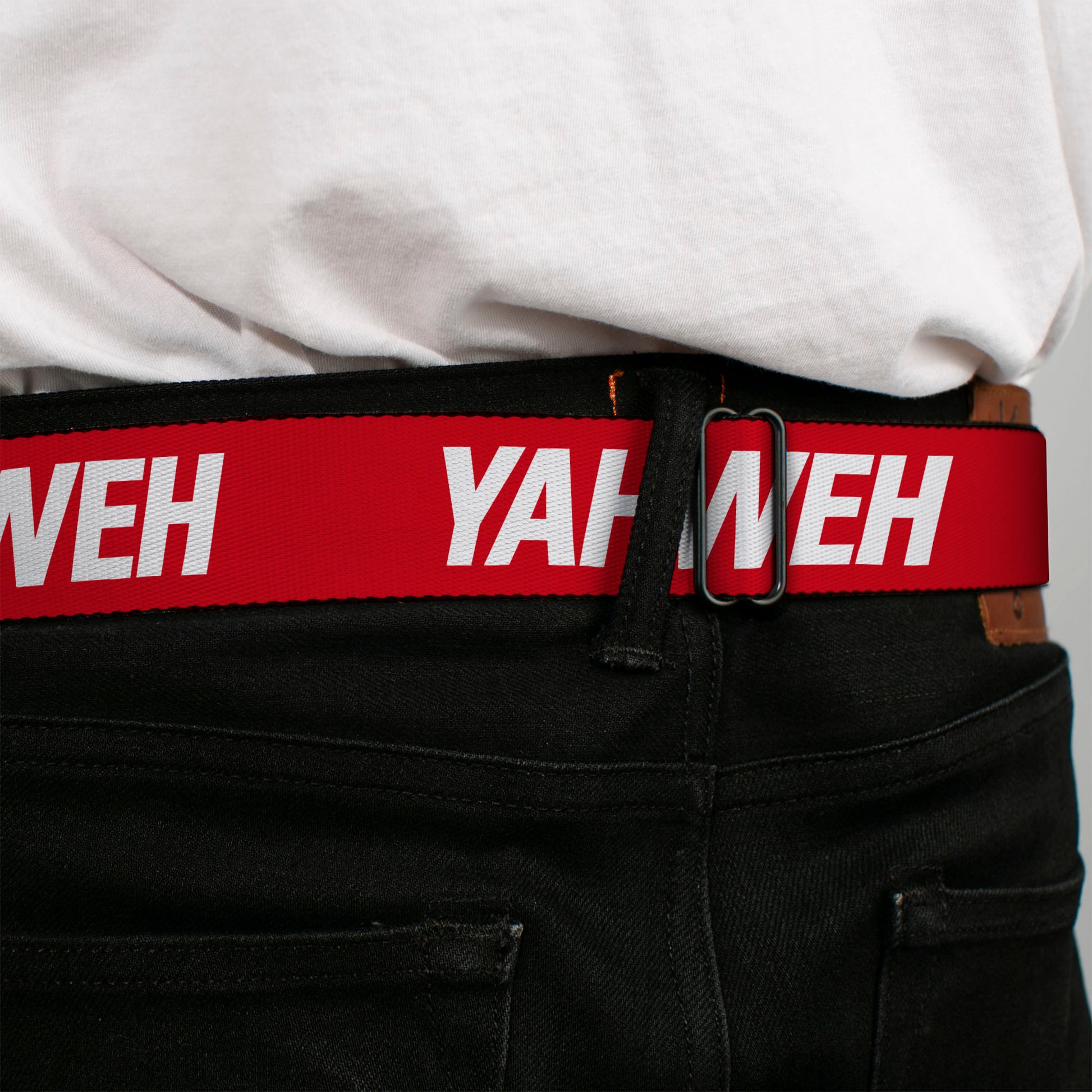 BD Wings Logo CLOSE-UP Black/Silver Seatbelt Belt - YAHWEH Text Red/White Webbing Seatbelt Belts Buckle-Down