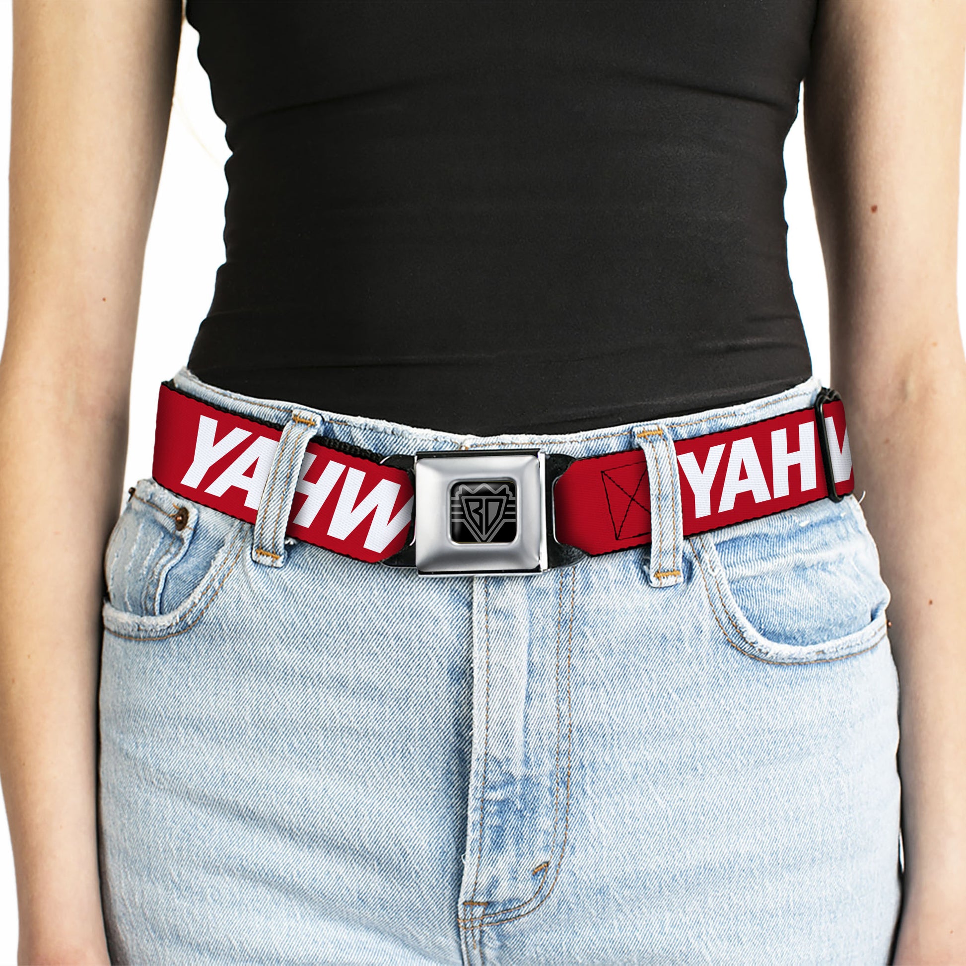BD Wings Logo CLOSE-UP Black/Silver Seatbelt Belt - YAHWEH Text Red/White Webbing Seatbelt Belts Buckle-Down