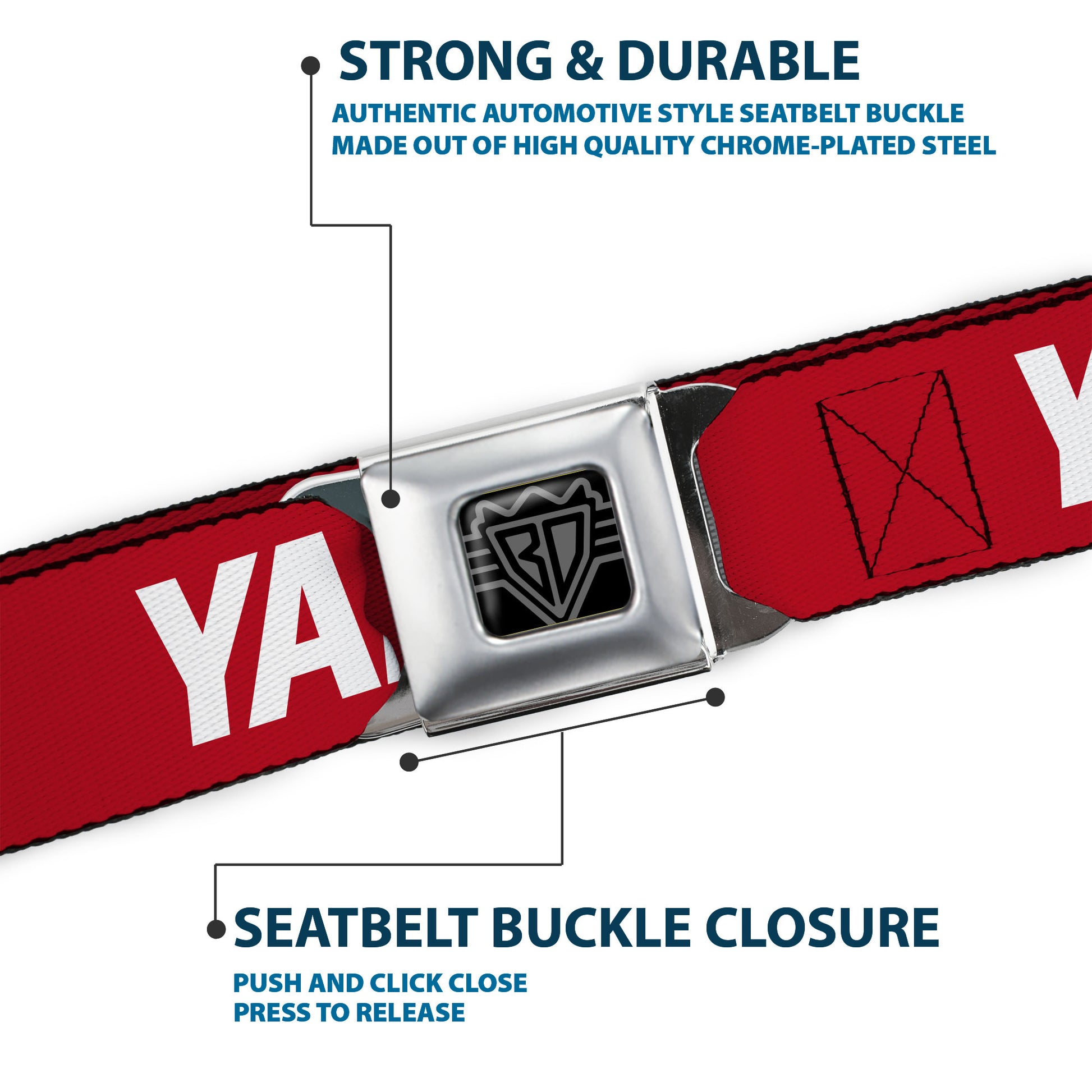 BD Wings Logo CLOSE-UP Black/Silver Seatbelt Belt - YAHWEH Text Red/White Webbing Seatbelt Belts Buckle-Down