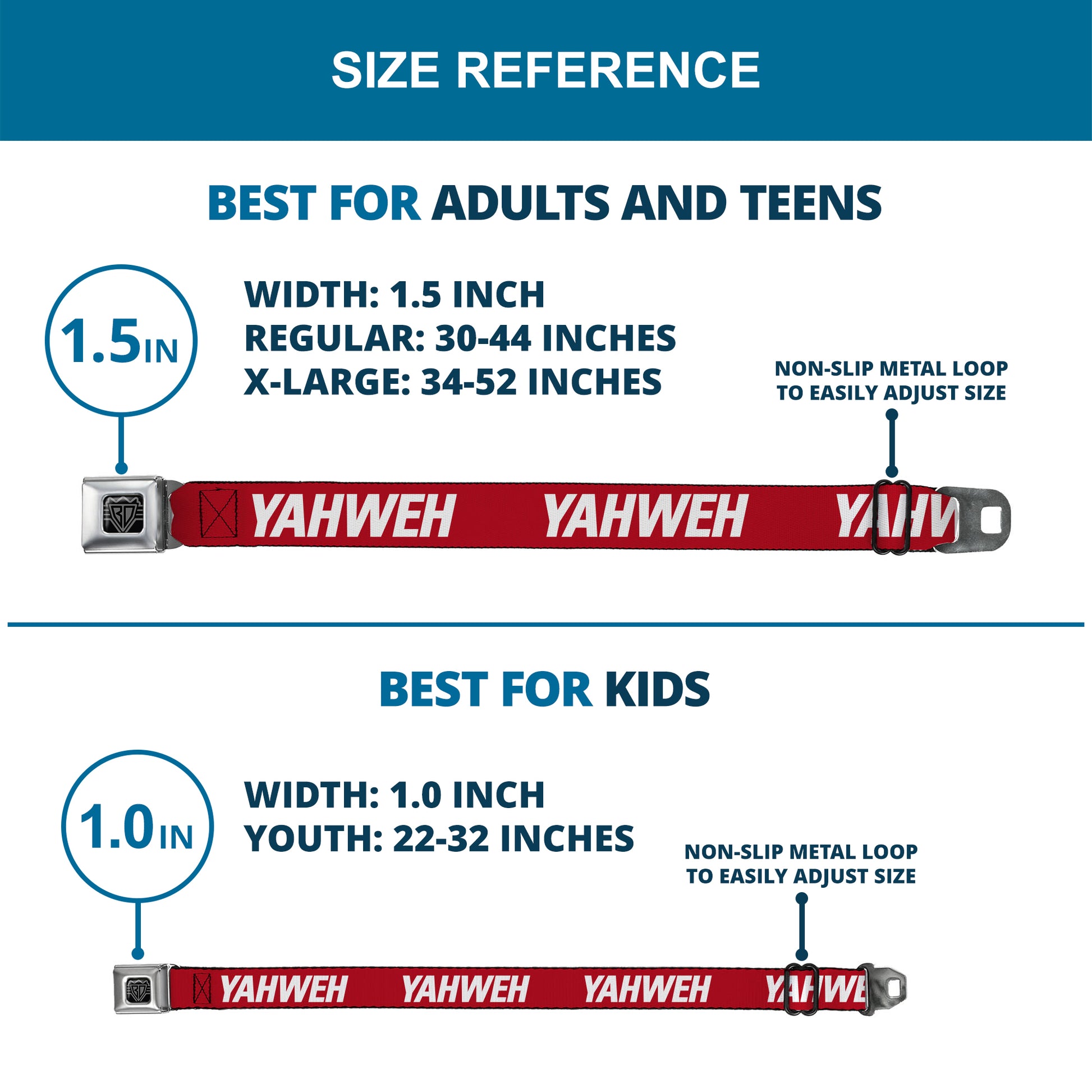 BD Wings Logo CLOSE-UP Black/Silver Seatbelt Belt - YAHWEH Text Red/White Webbing Seatbelt Belts Buckle-Down