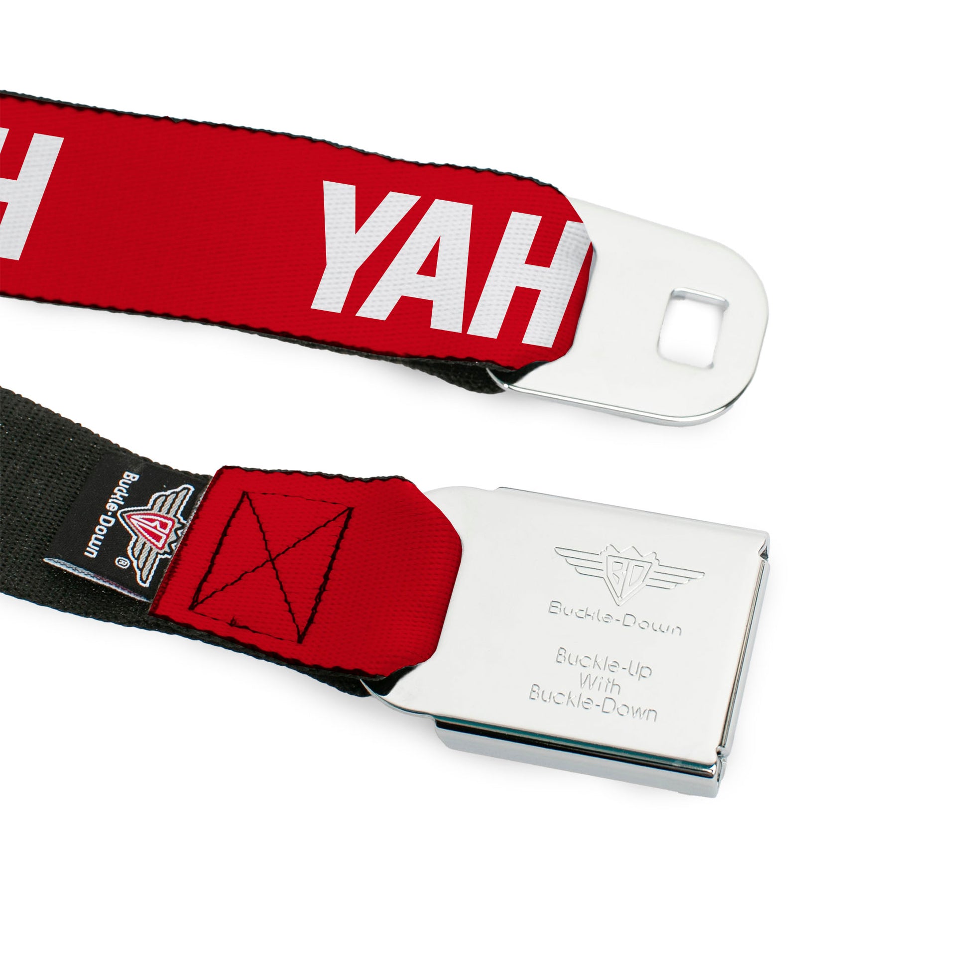 BD Wings Logo CLOSE-UP Black/Silver Seatbelt Belt - YAHWEH Text Red/White Webbing Seatbelt Belts Buckle-Down