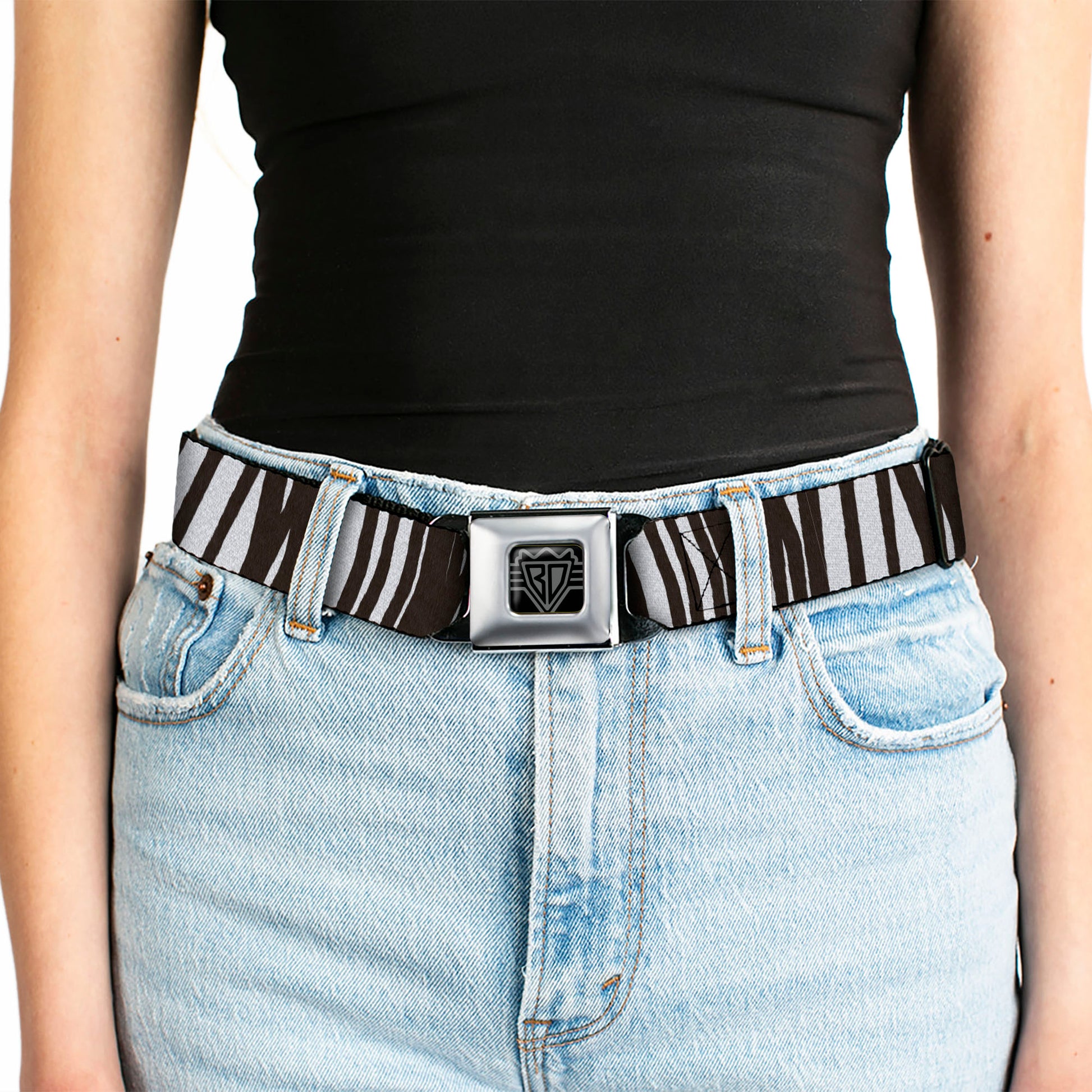 BD Wings Logo CLOSE-UP Full Color Black Silver Seatbelt Belt - Zebra Webbing Seatbelt Belts Buckle-Down