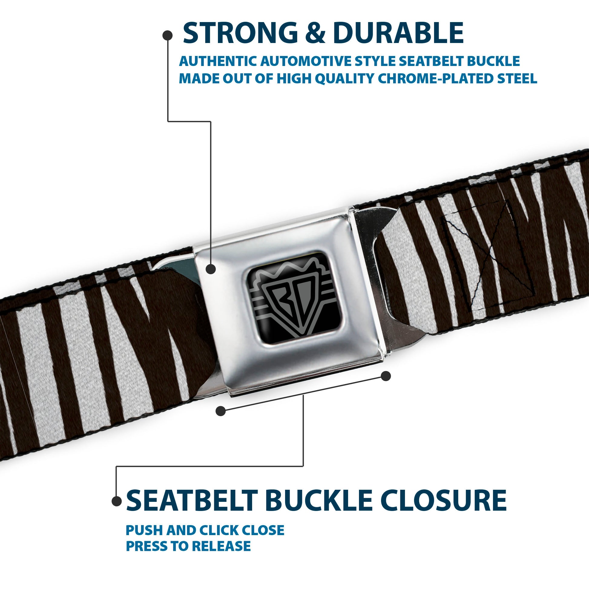BD Wings Logo CLOSE-UP Full Color Black Silver Seatbelt Belt - Zebra Webbing Seatbelt Belts Buckle-Down