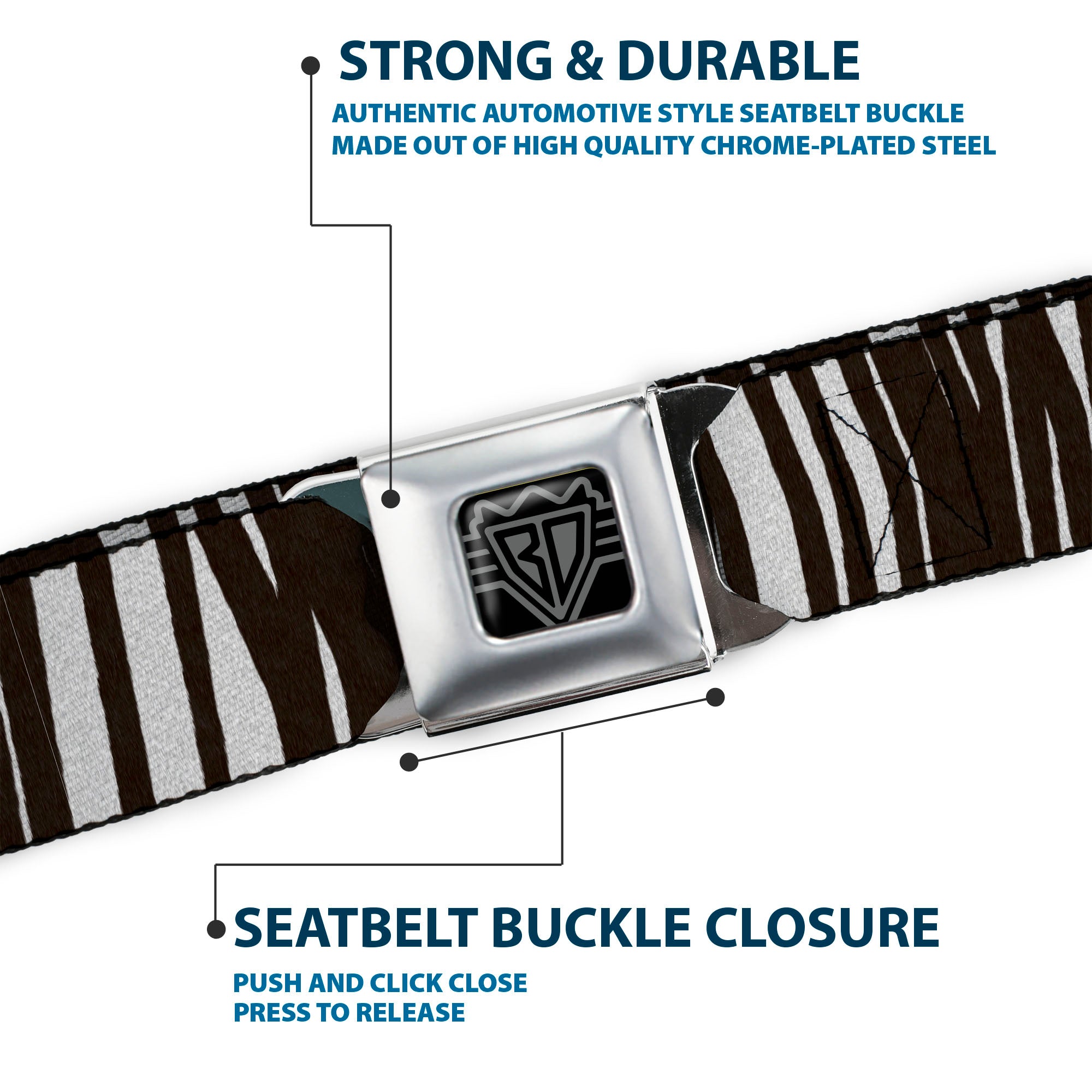 BD Wings Logo CLOSE-UP Full Color Black Silver Seatbelt Belt - Zebra Webbing Seatbelt Belts Buckle-Down