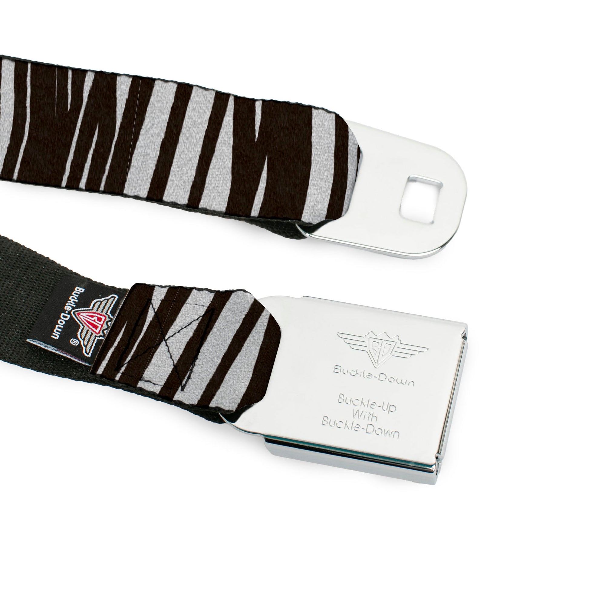 BD Wings Logo CLOSE-UP Full Color Black Silver Seatbelt Belt - Zebra Webbing Seatbelt Belts Buckle-Down