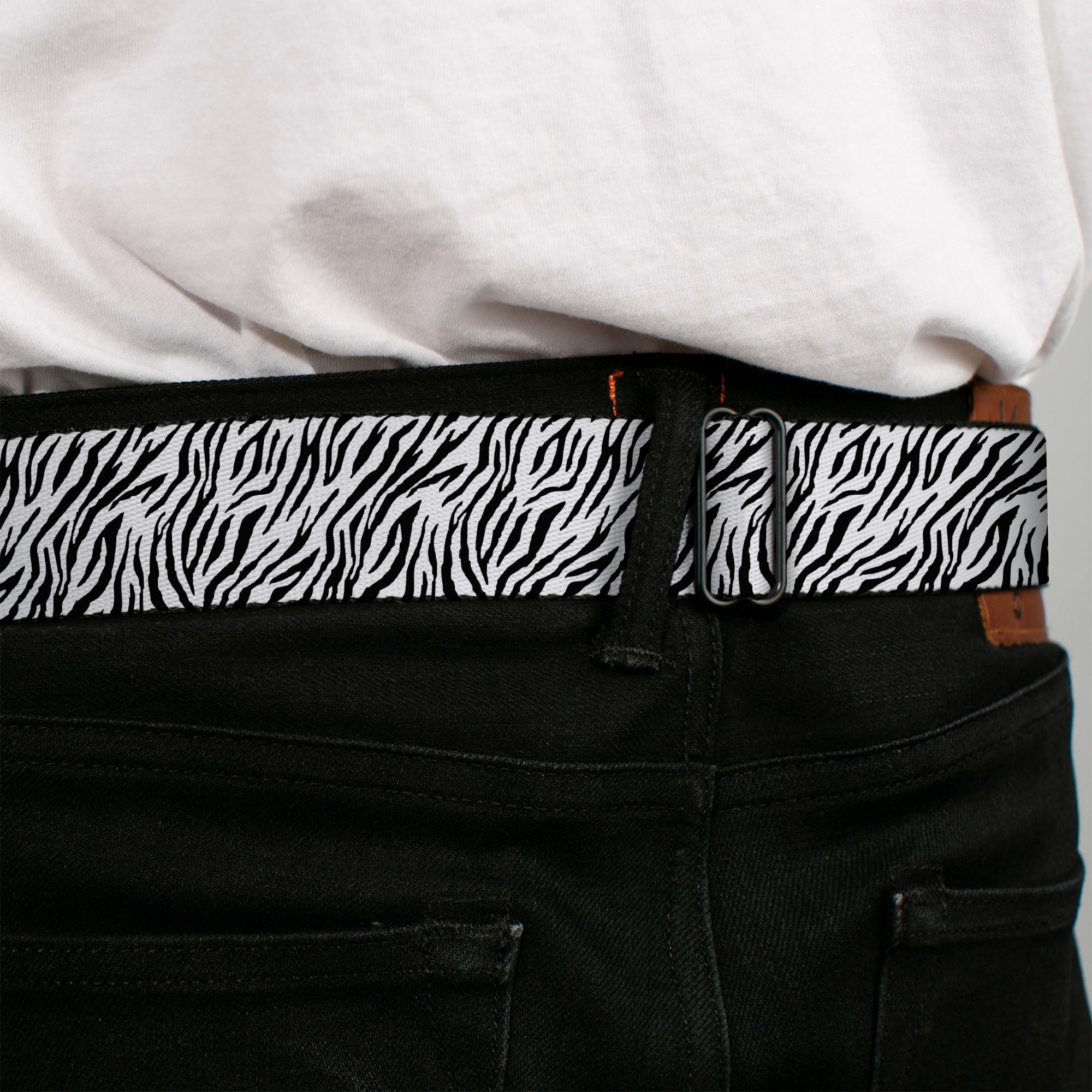 BD Wings Logo CLOSE-UP Full Color Black Silver Seatbelt Belt - Zebra 2 White Webbing Seatbelt Belts Buckle-Down