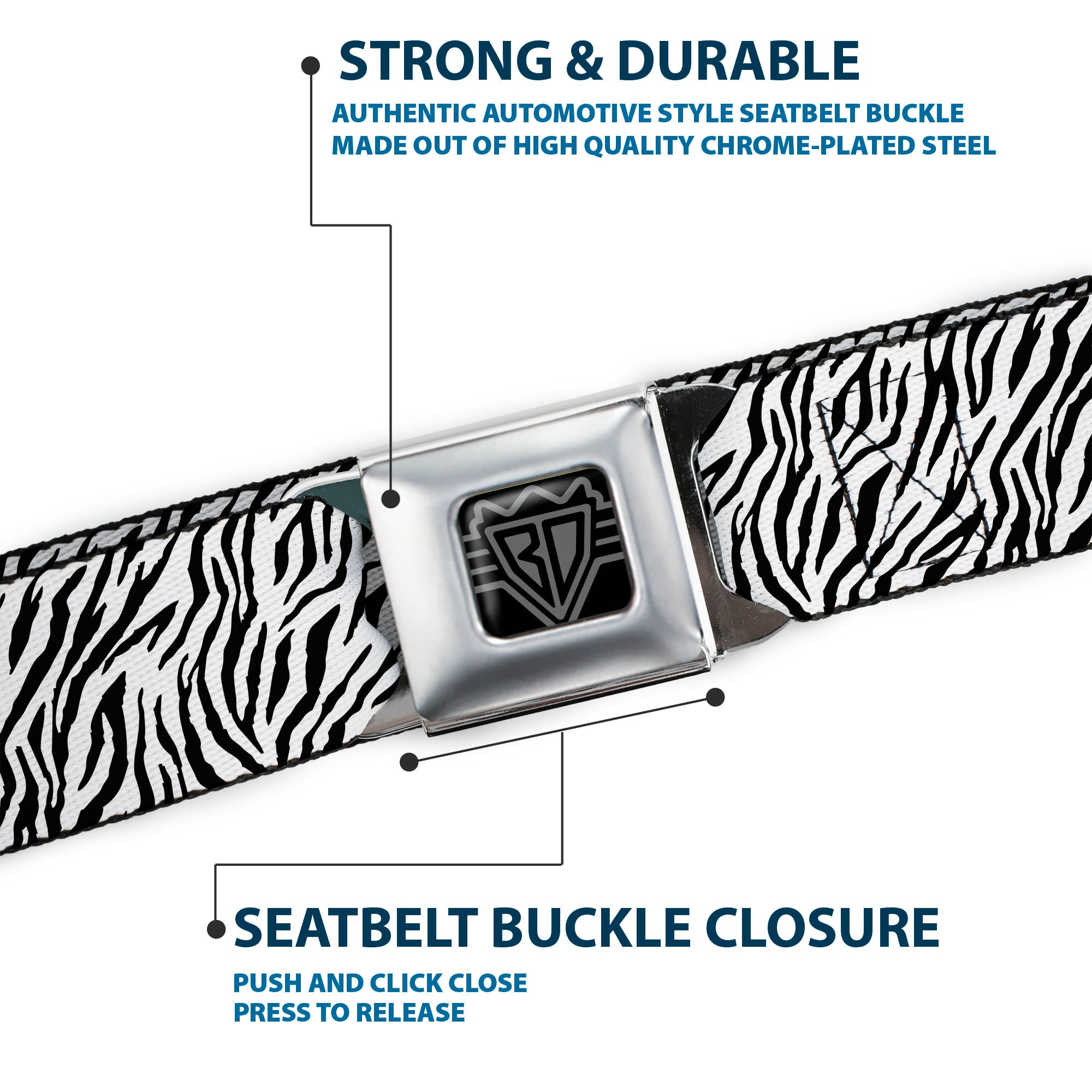 BD Wings Logo CLOSE-UP Full Color Black Silver Seatbelt Belt - Zebra 2 White Webbing Seatbelt Belts Buckle-Down