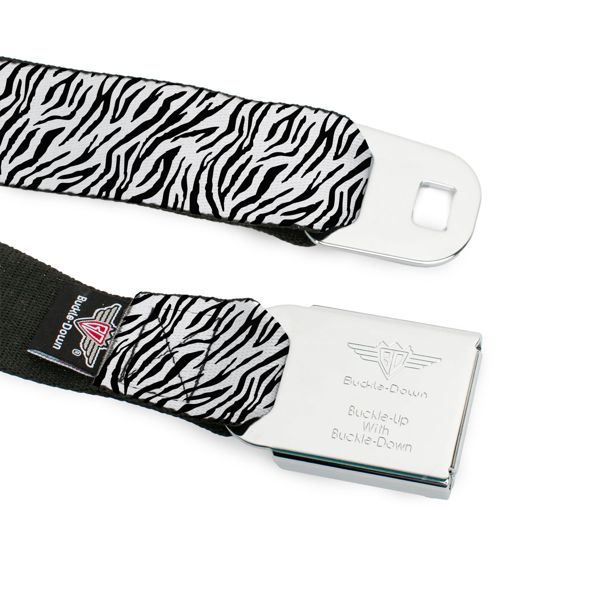 BD Wings Logo CLOSE-UP Full Color Black Silver Seatbelt Belt - Zebra 2 White Webbing Seatbelt Belts Buckle-Down