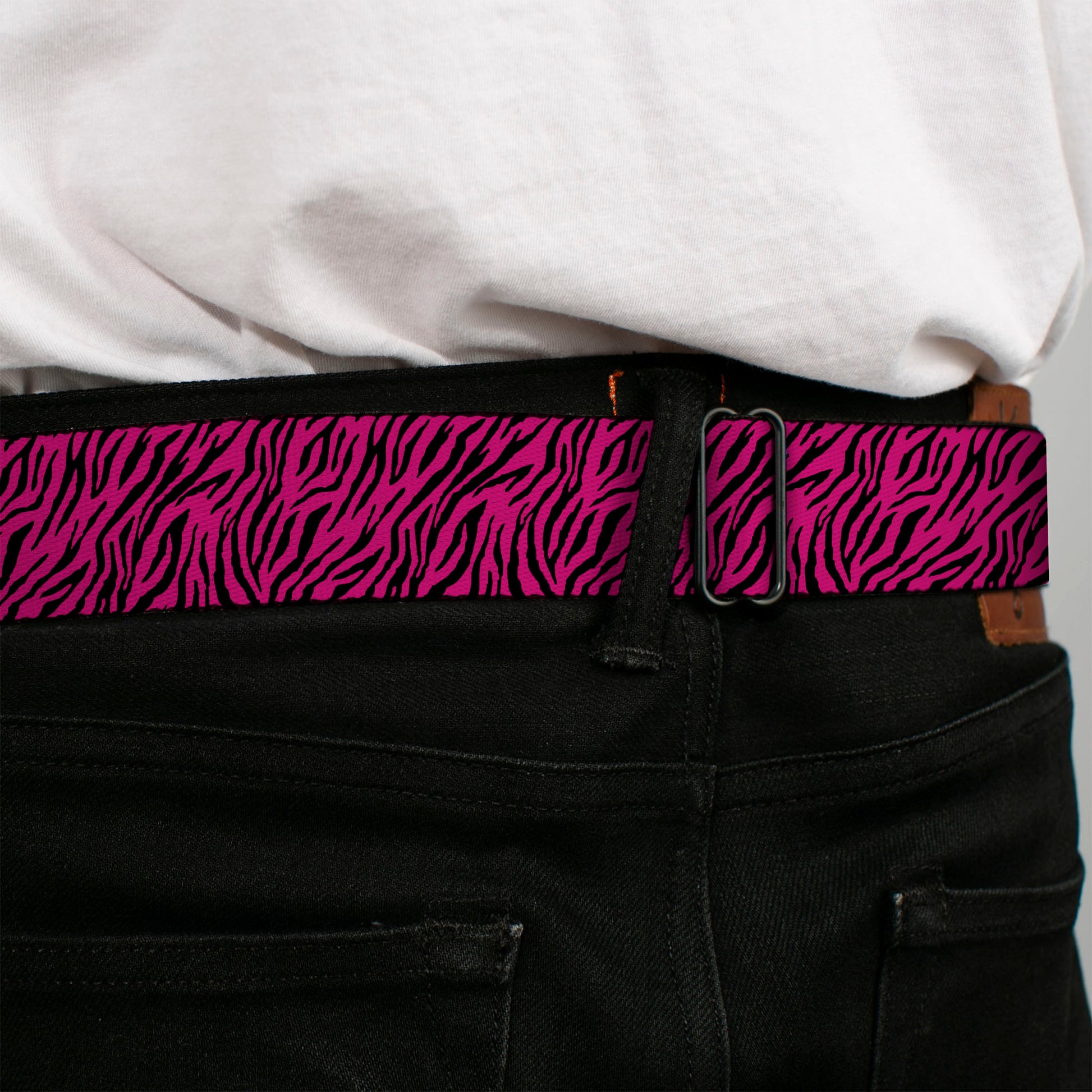 BD Wings Logo CLOSE-UP Full Color Black Silver Seatbelt Belt - Zebra 2 Fuchsia Pink Webbing Seatbelt Belts Buckle-Down